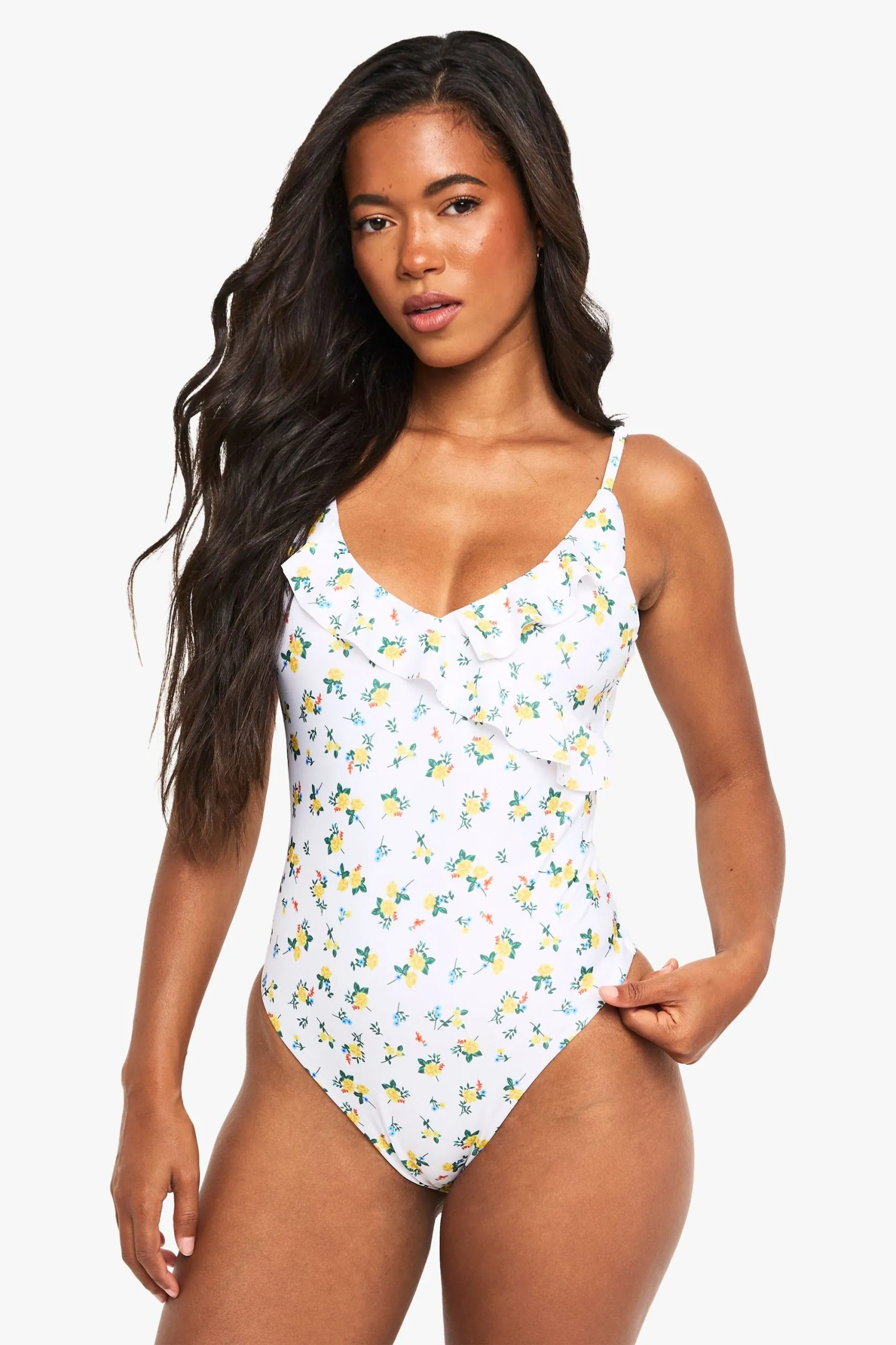Ditsy Floral Print Ruffle Detail Scoop Swimsuit