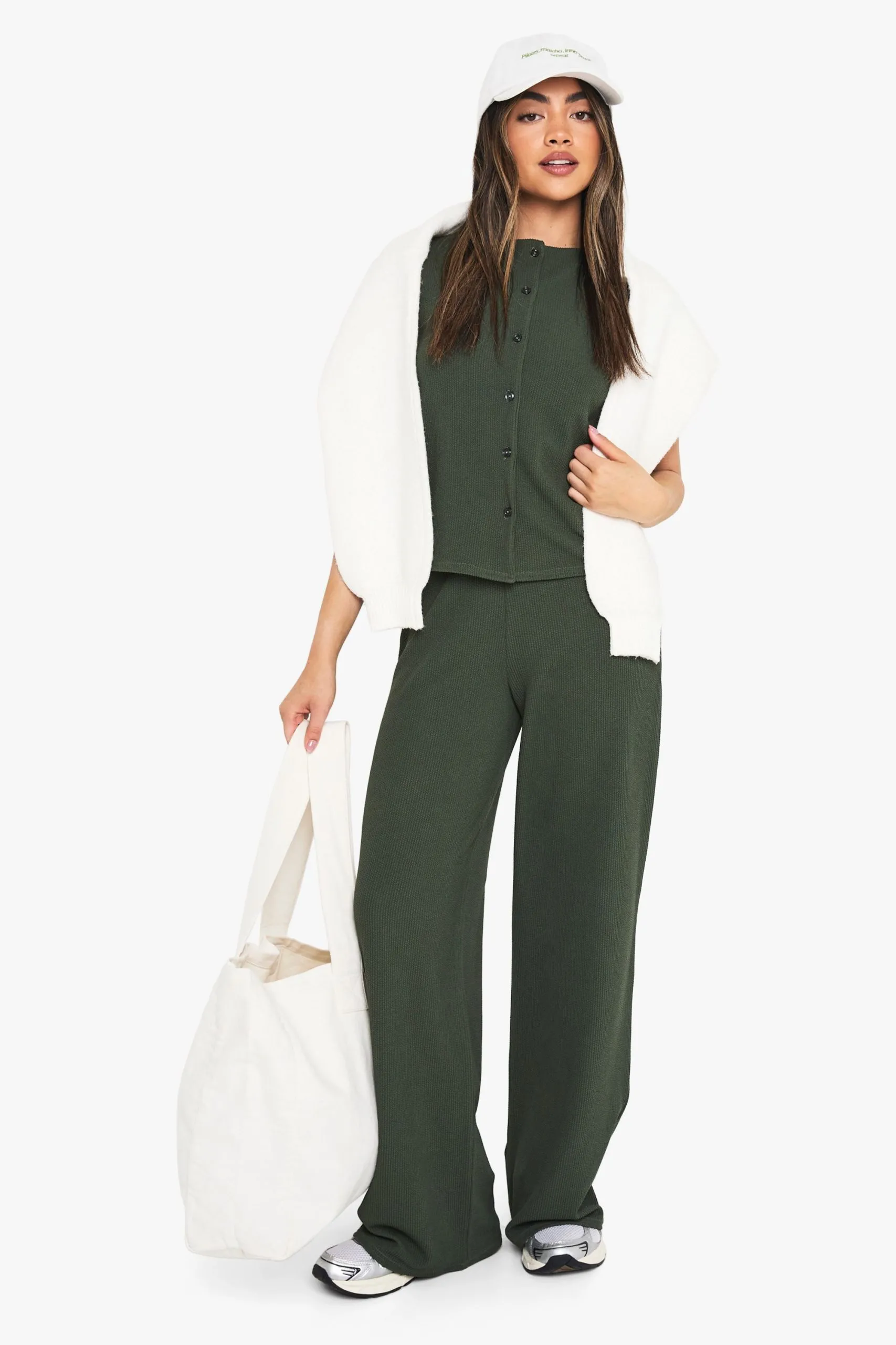 Crinkle Rib Button Through Sleeveless Top and Trouser Set