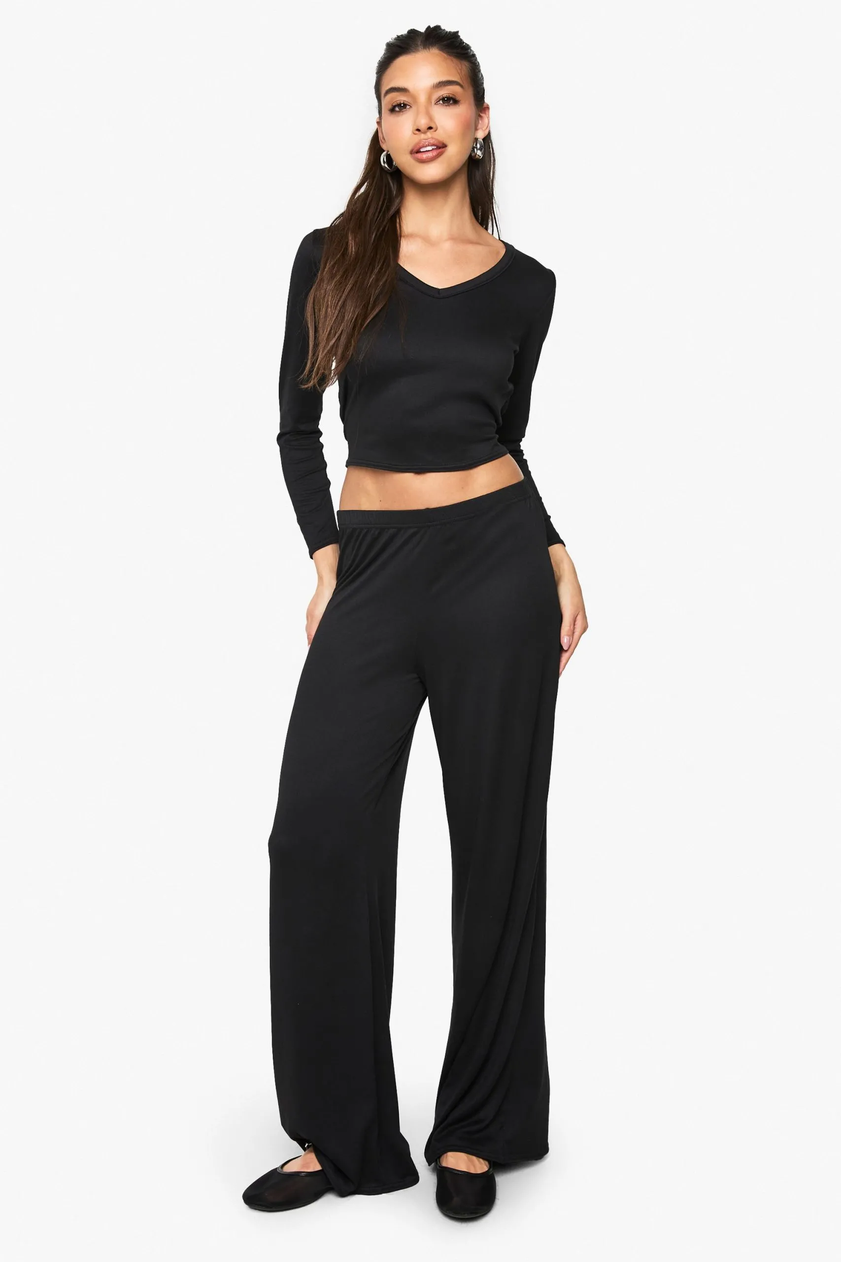 Supersoft V Neck Binding Long Sleeve Top and Wide Leg Trouser Set