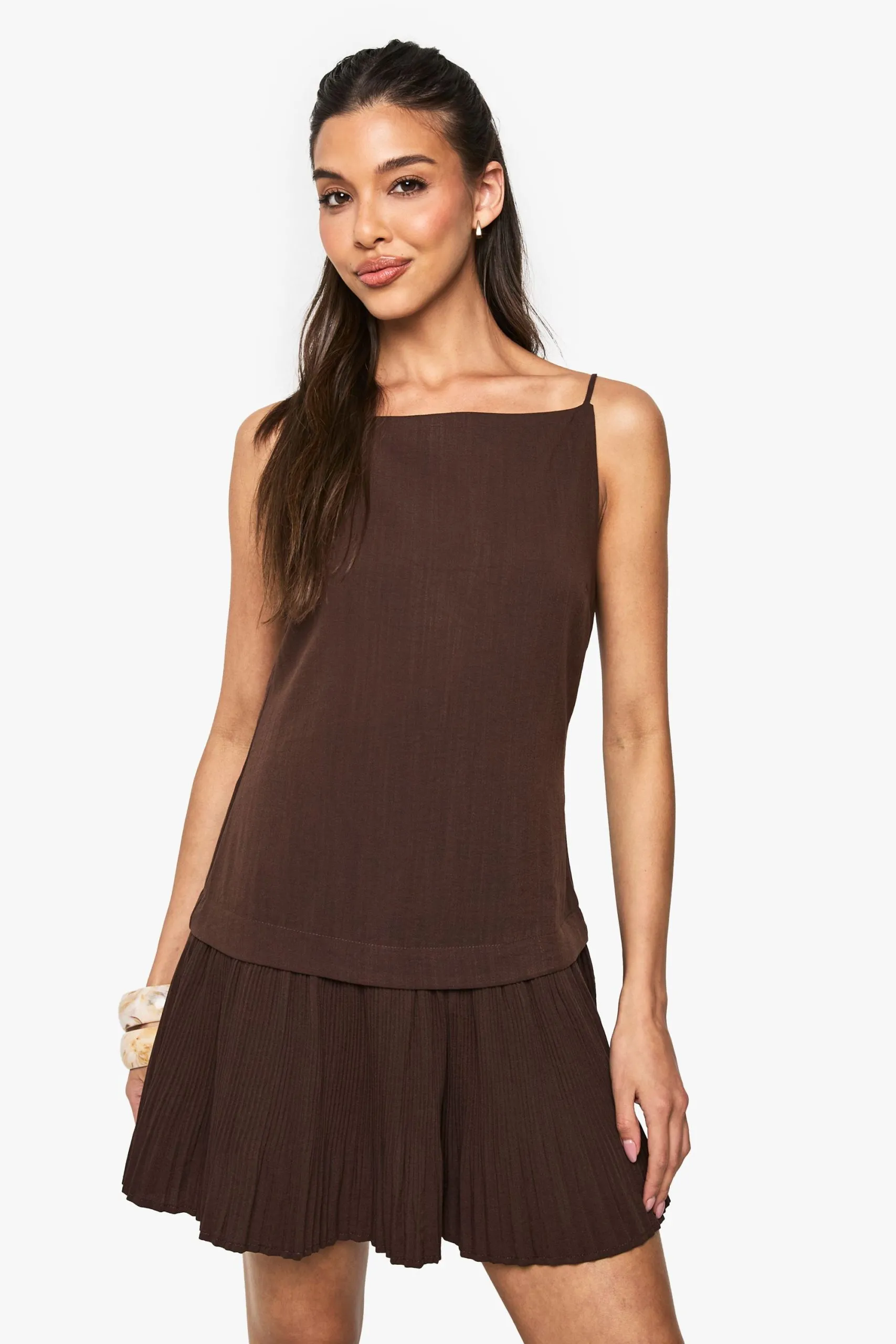 Linen Look Slash Neck Pleat Detail Mini Dress