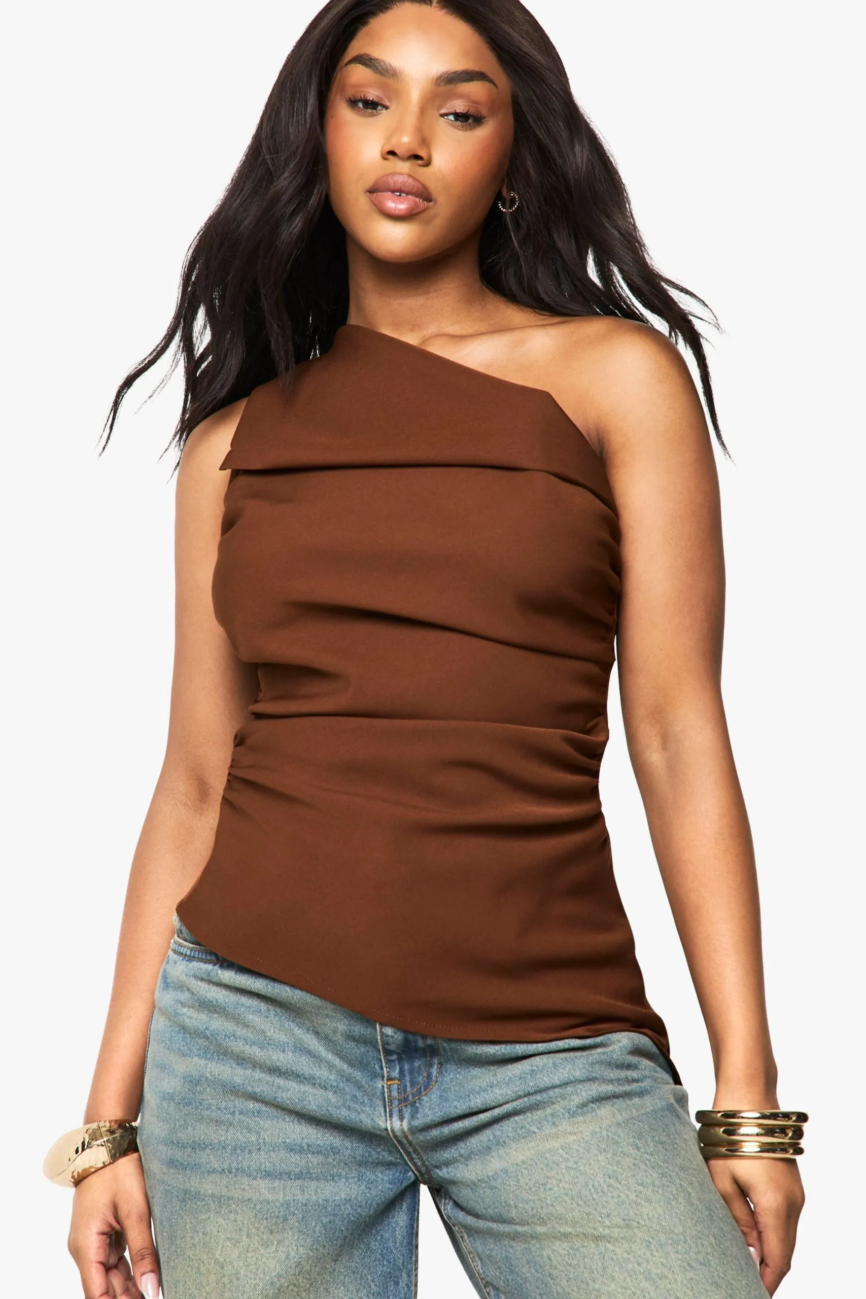 Woven One Shoulder Ruched Top