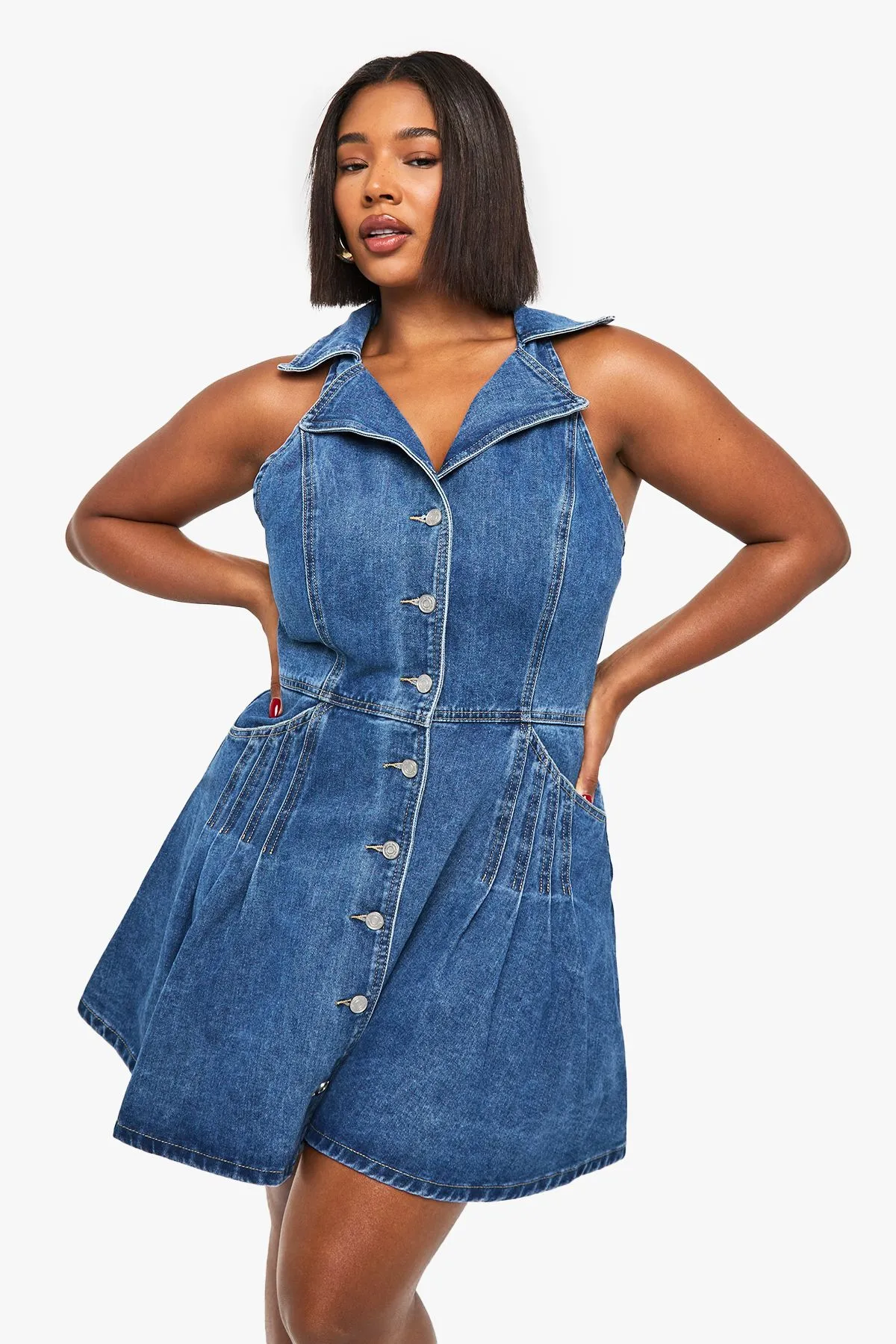 Plus Collared Button Down Denim Mini Dress