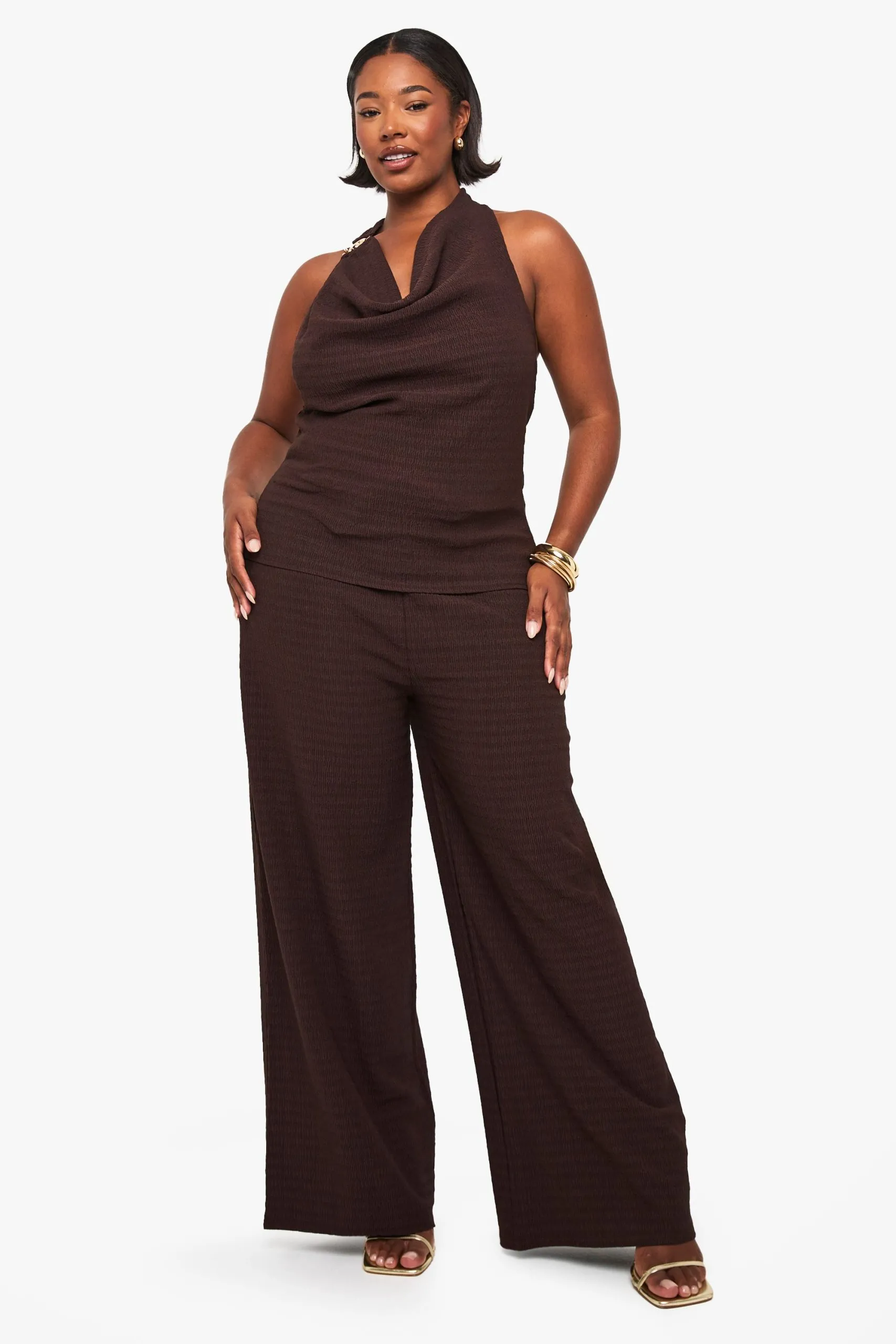 Plus Textured Cowl Neck Shell Trim Top & Wide Leg Trouser Co Ord