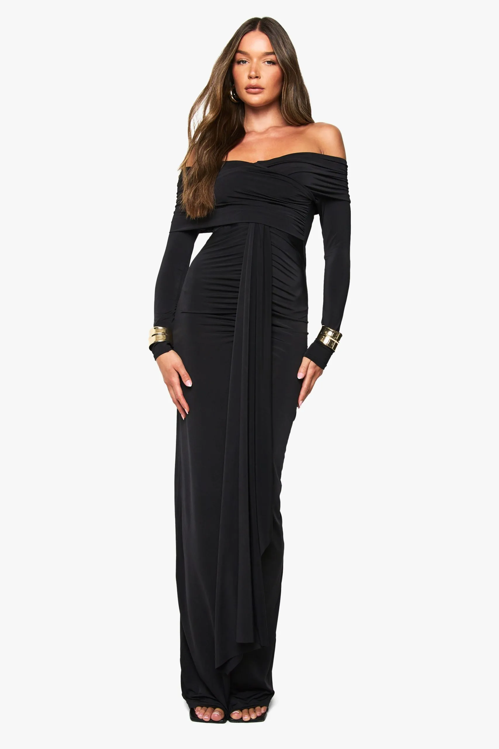 Ruched Bardot Long Sleeve Maxi Dress