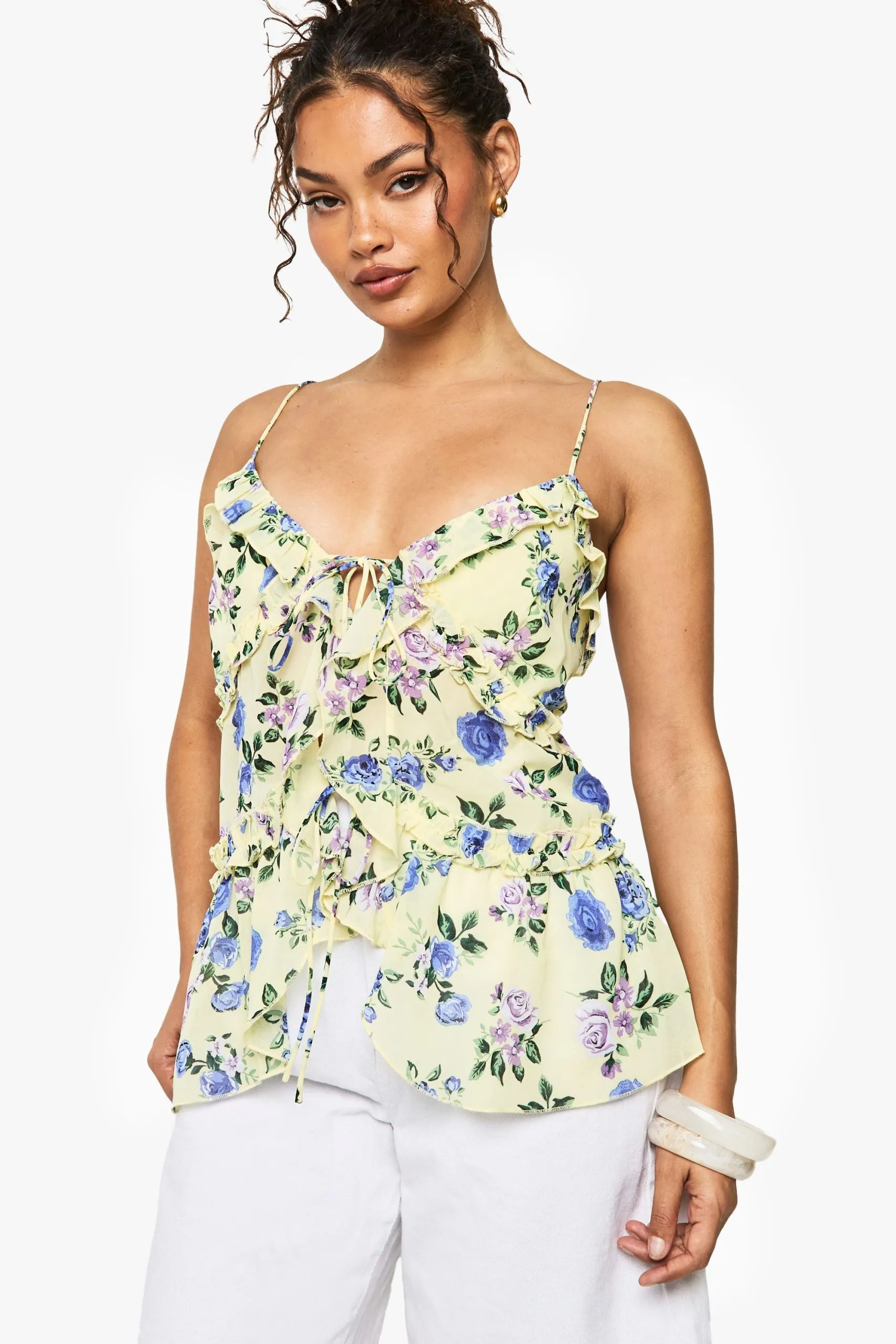 Woven Floral Print Ruffle Cami