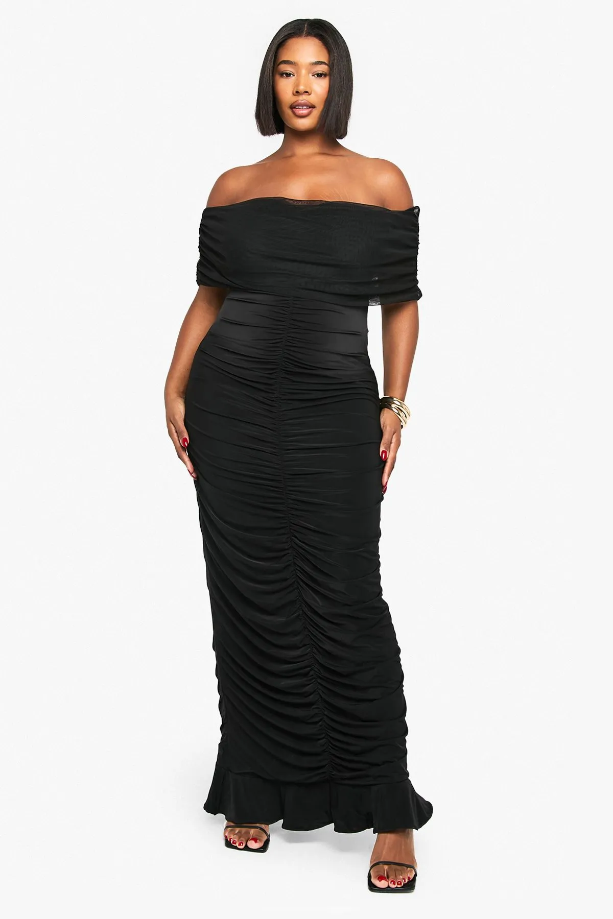 Plus Mesh Bardot Ruched Maxi Dress
