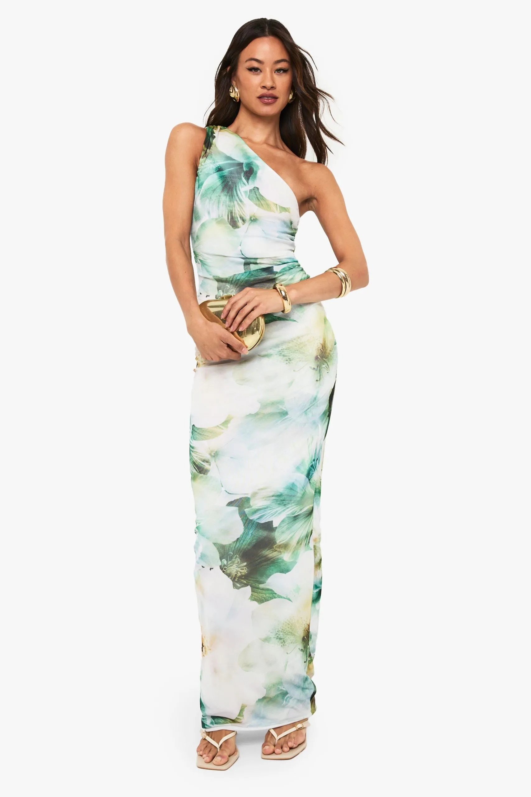Tall One Shoulder Floral Print Mesh Dress