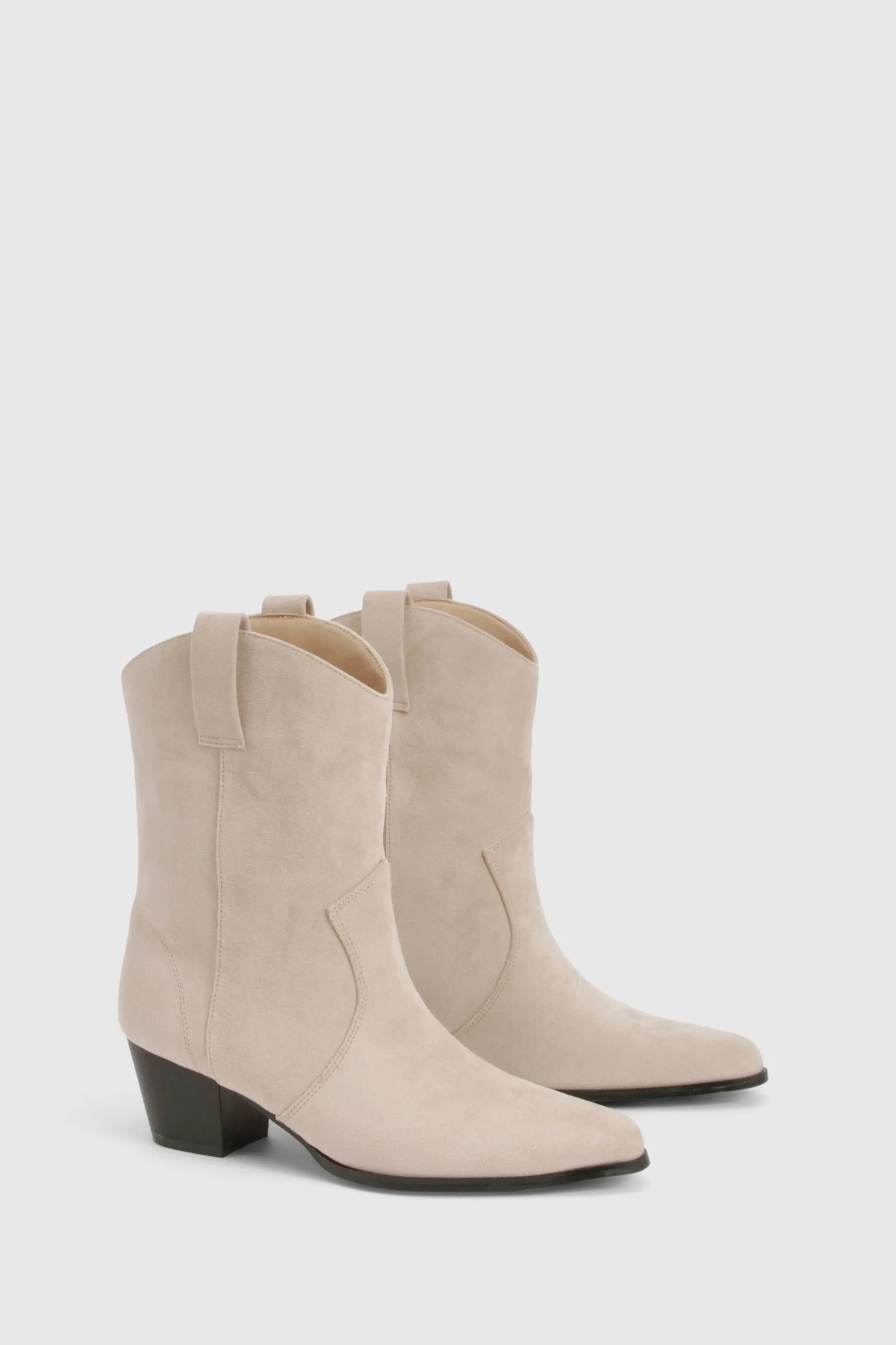 Faux Suede Tab Detail Western Cowboy Ankle Boots