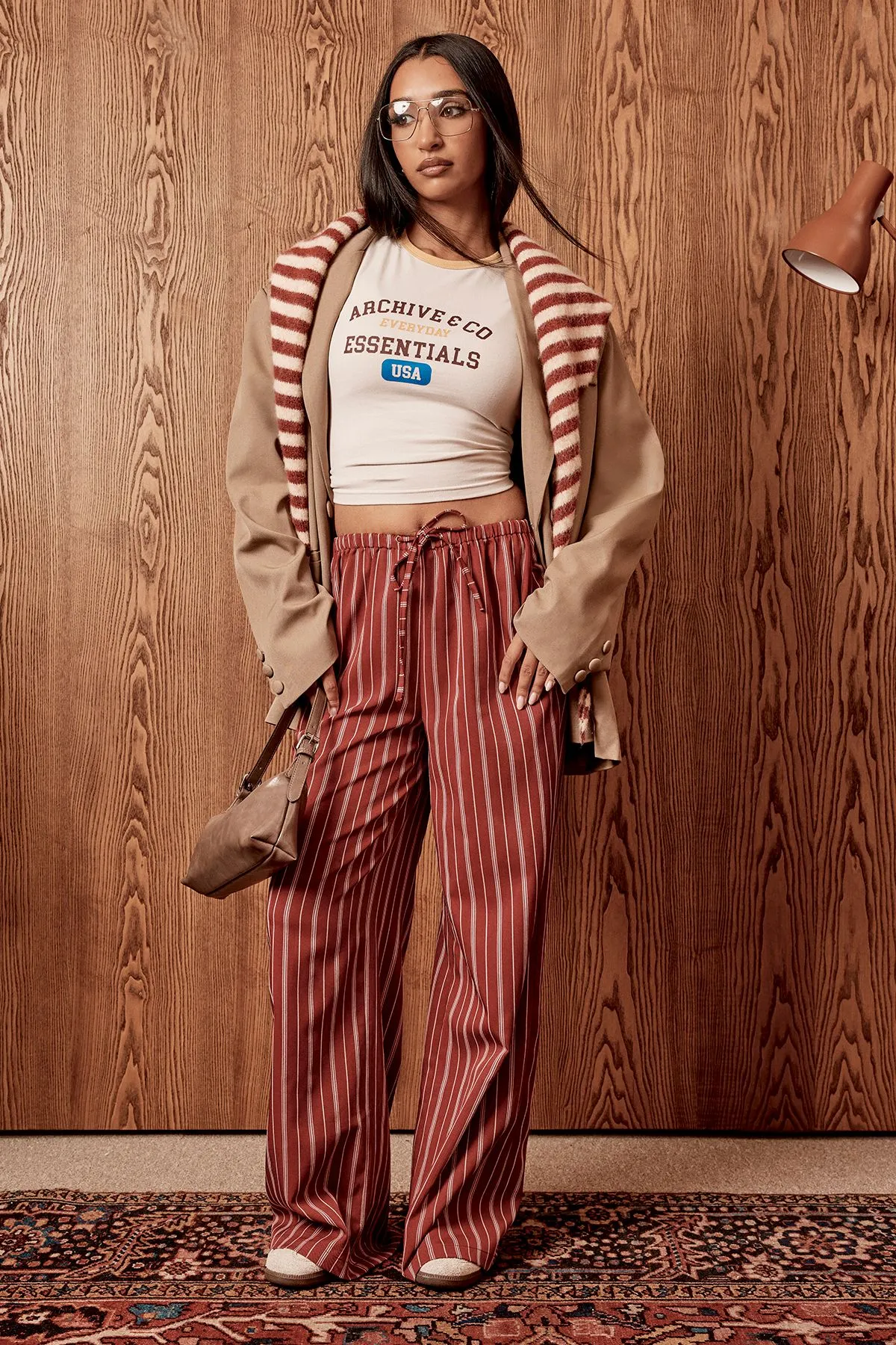 Pinstripe Wide Leg Drawcord Waist Trousers