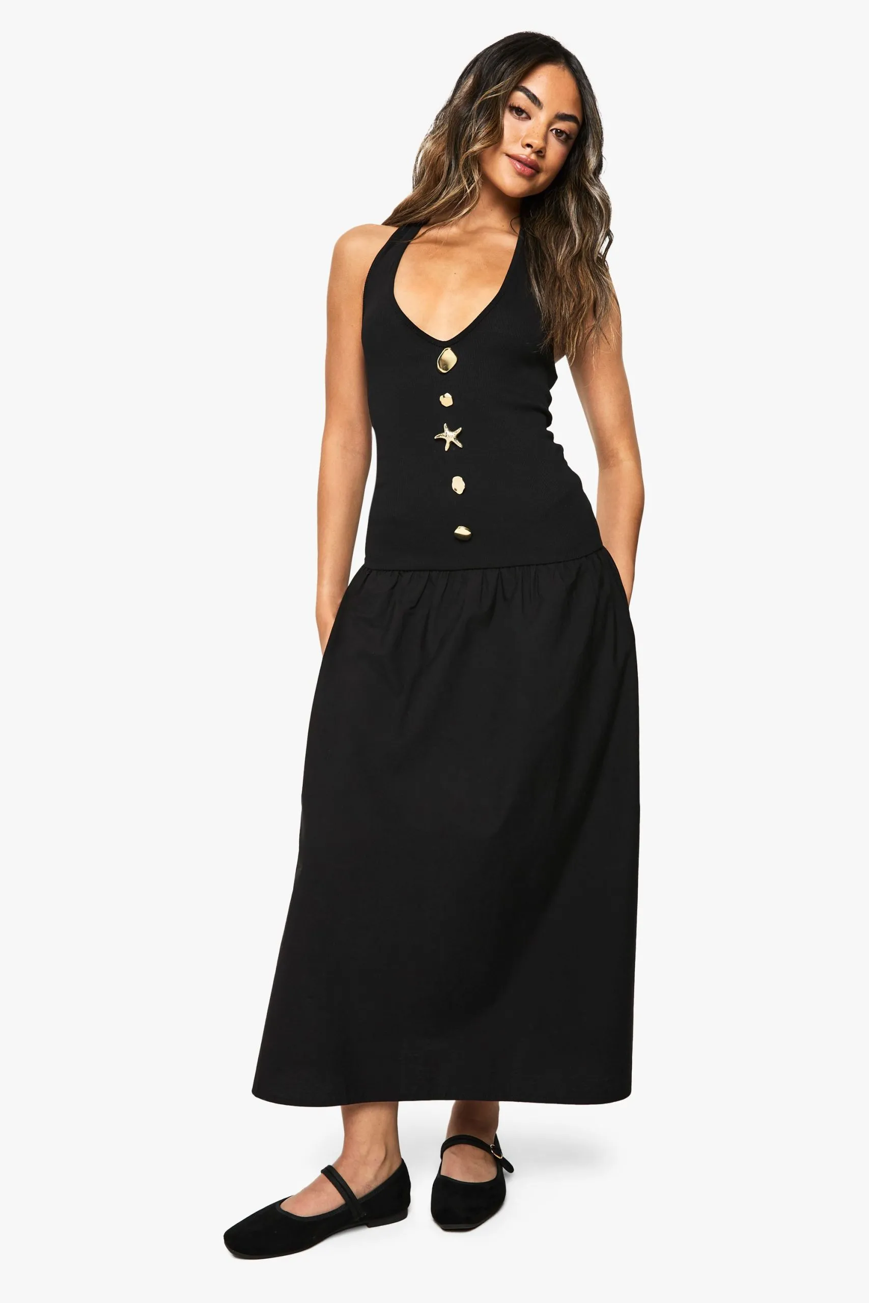 Starfish Gold Trim Rib Poplin Mix Midaxi Dress