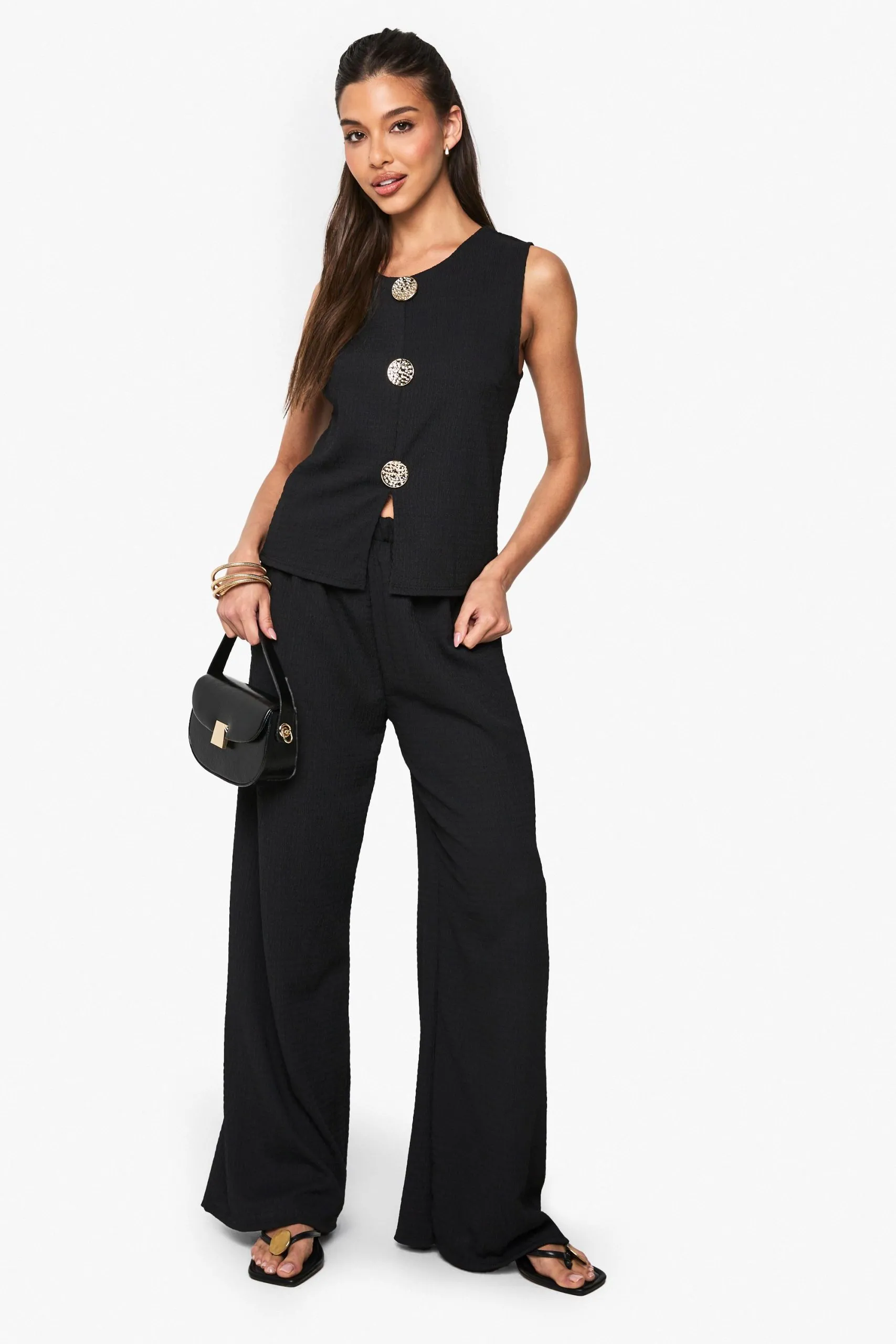 Gold Button Crinkle Waistcoat Co-ord