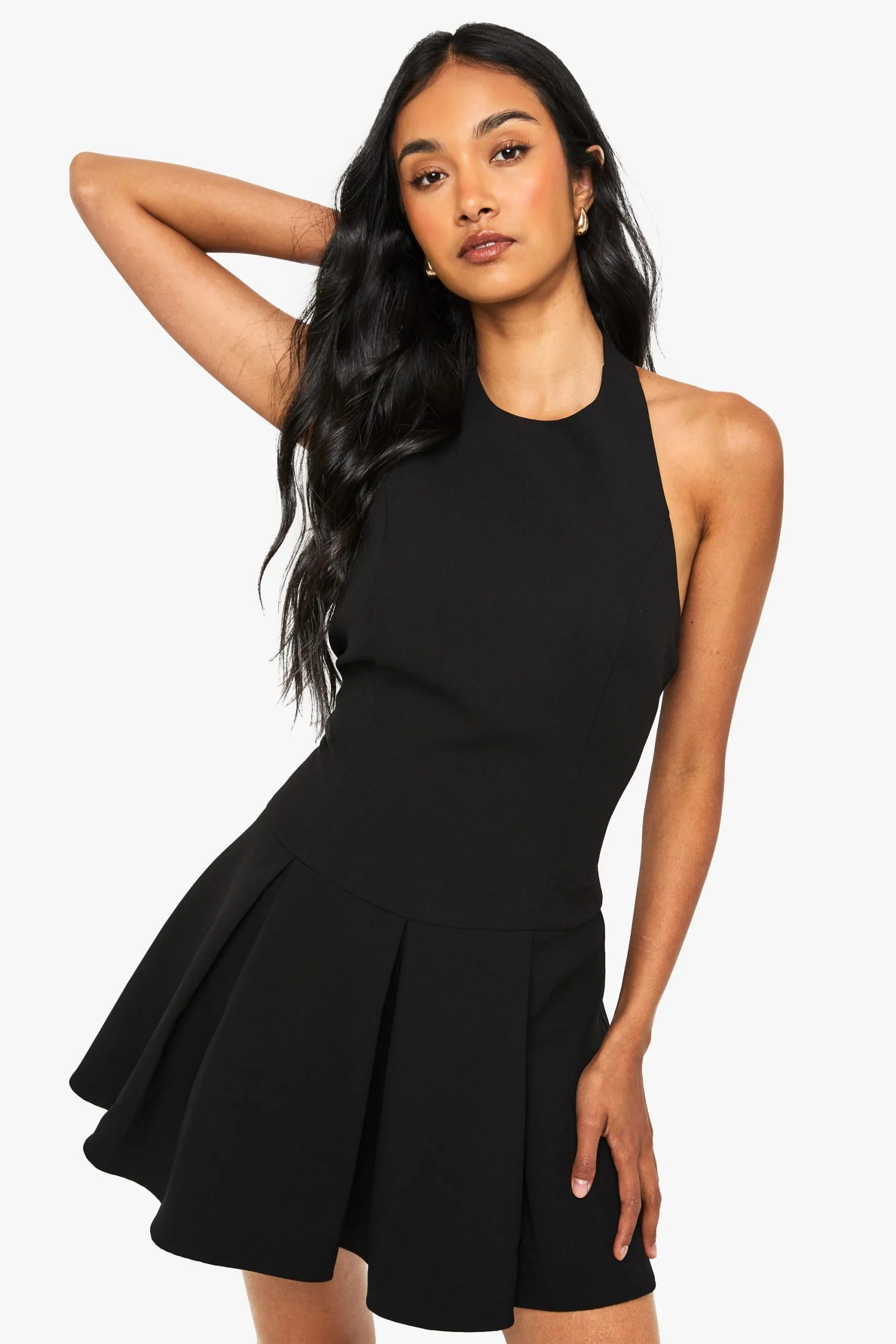 Tailored High Neck Pleated Mini Dress