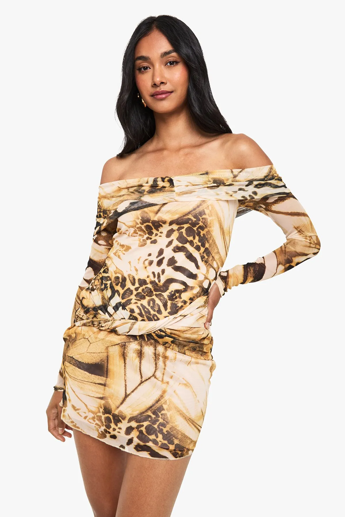 Abstract Mesh Twist Front Bardot Mini Dress