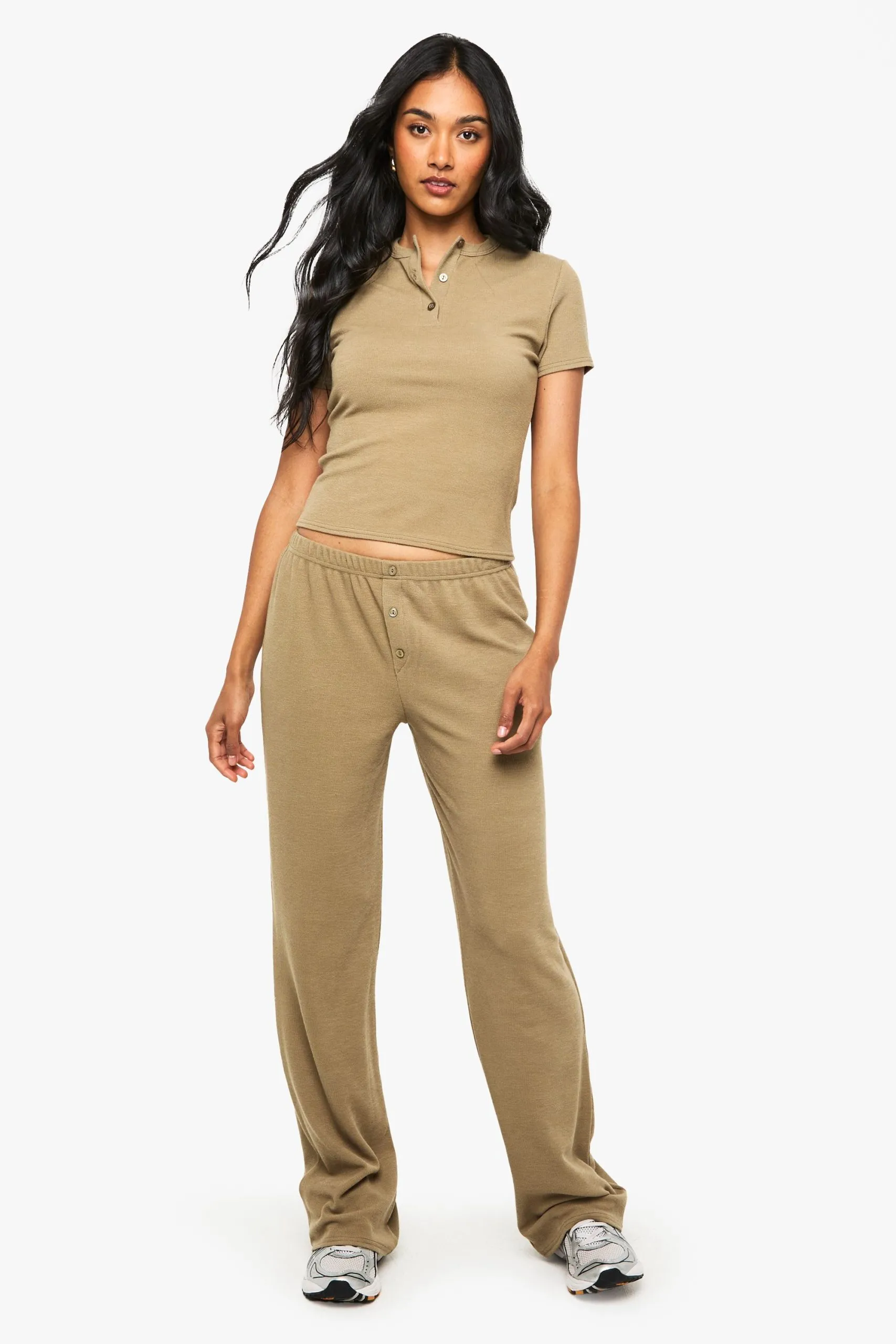 Ribbed Henley Button Down Short Sleeve Top And Straight Leg Trouser Co-ord