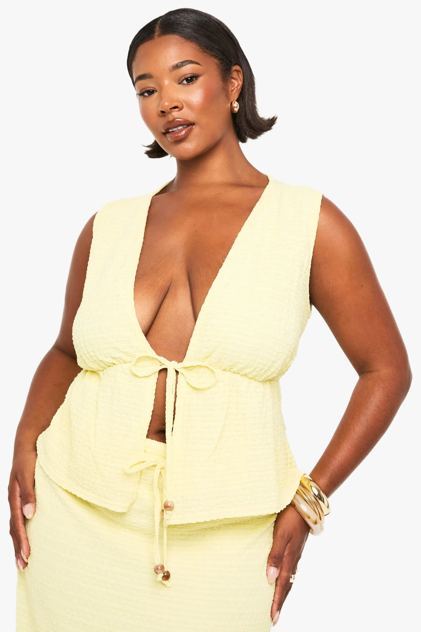 Beaded Textured Tie Front Waistcoat