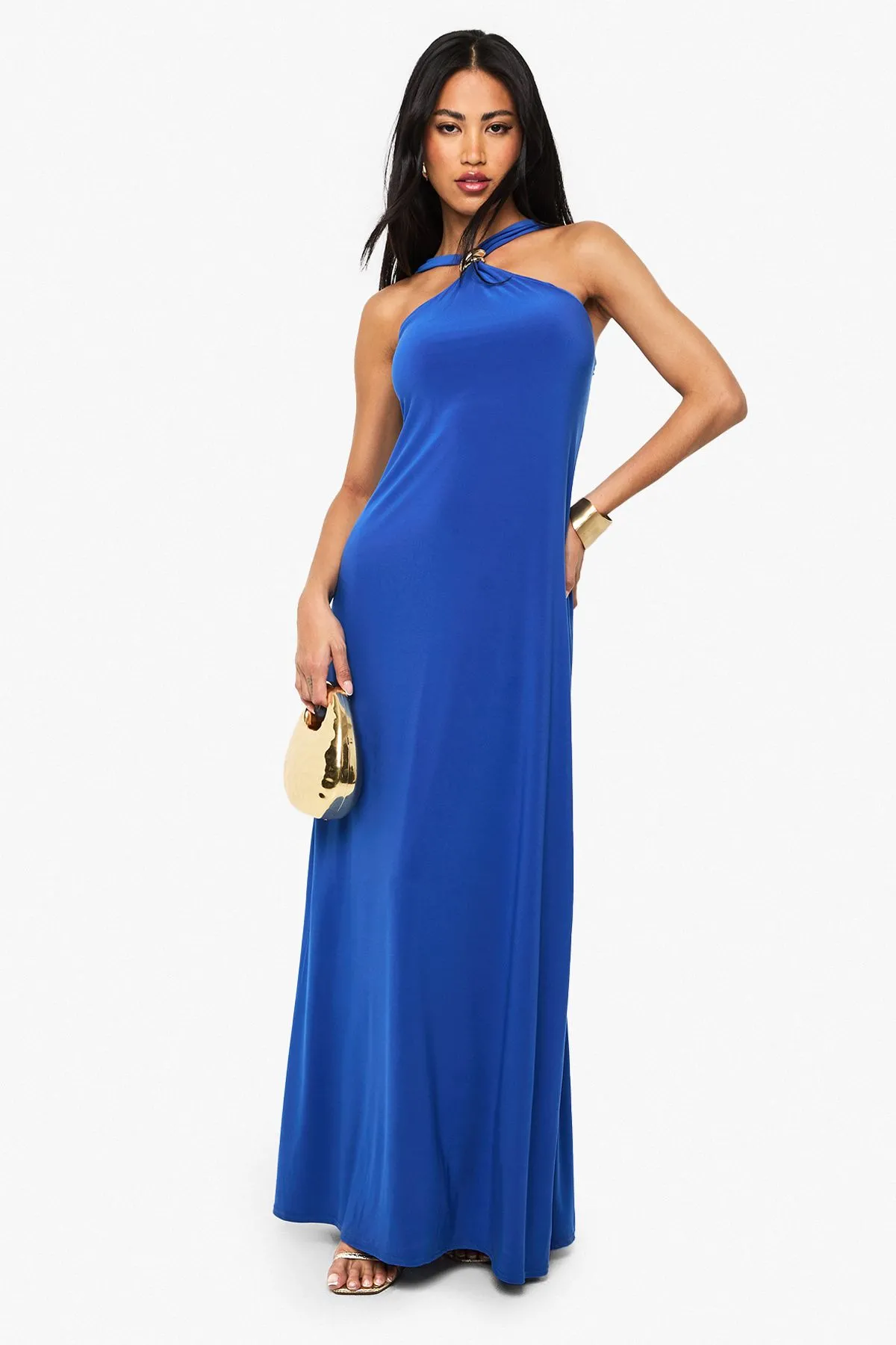 Gold Trim Halterneck Maxi Dress