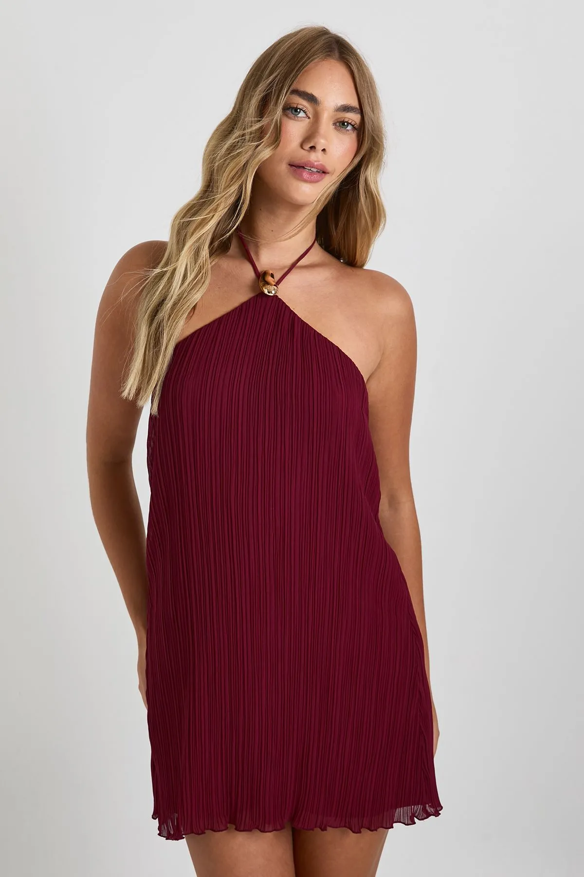 Plisse Gold Trim Halterneck Mini Dress