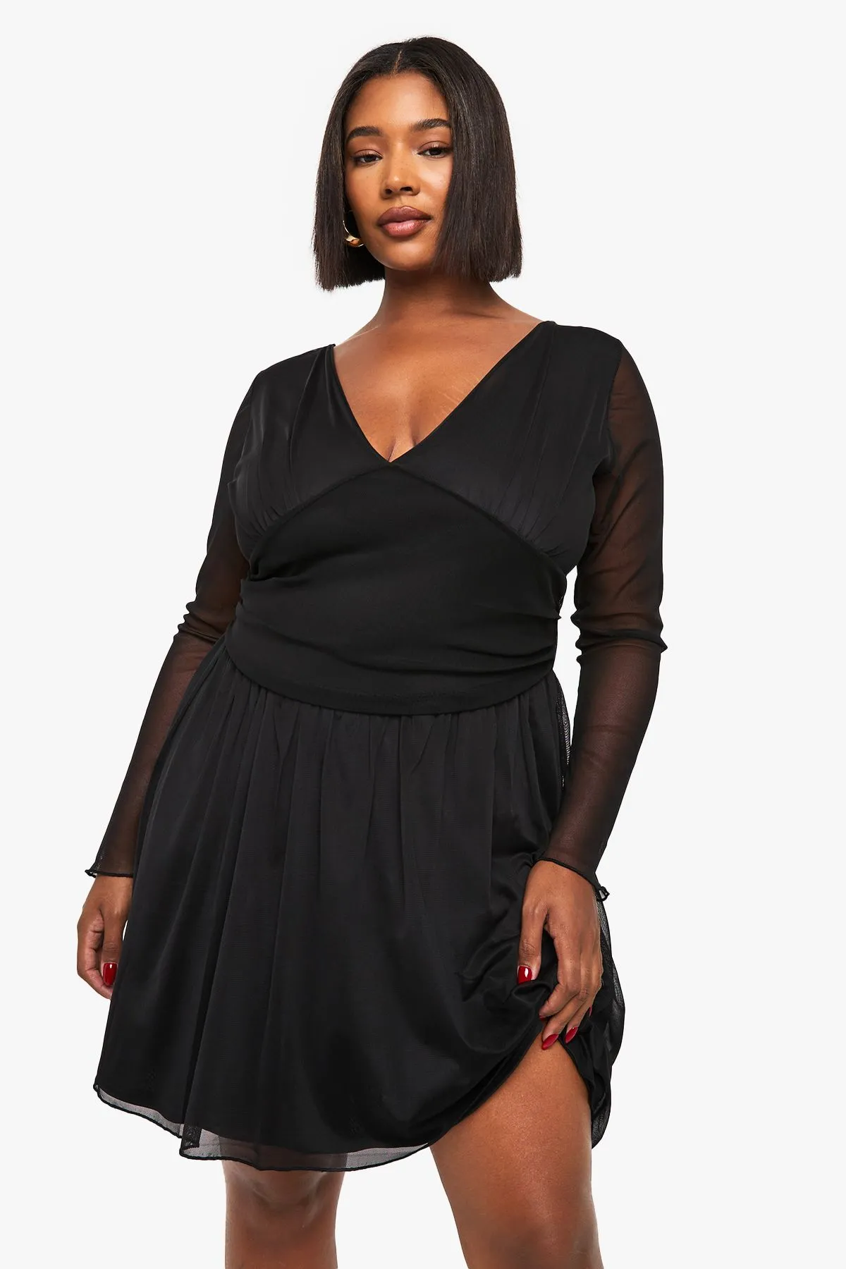 Plus Plunge Corset Detail Long Sleeve Skater Dress