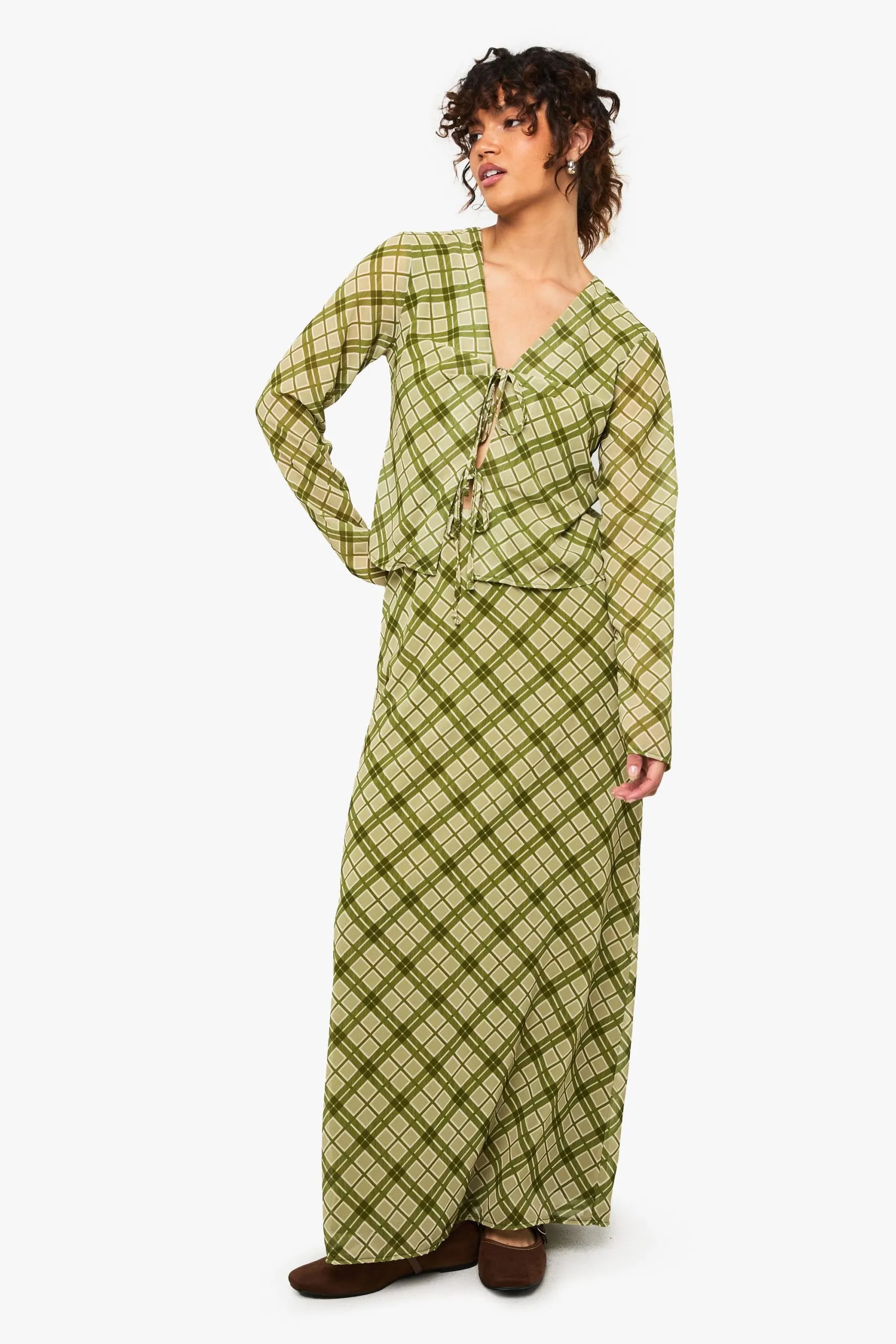 Check Print Tie Front Top & Maxi Skirt Co-ord
