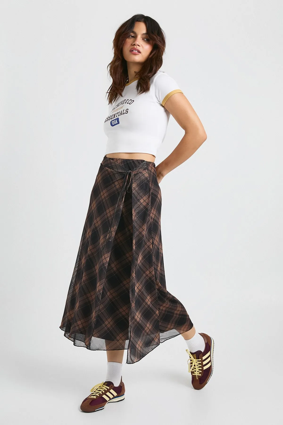 Check Print Wrap Front Mesh Maxi Skirt