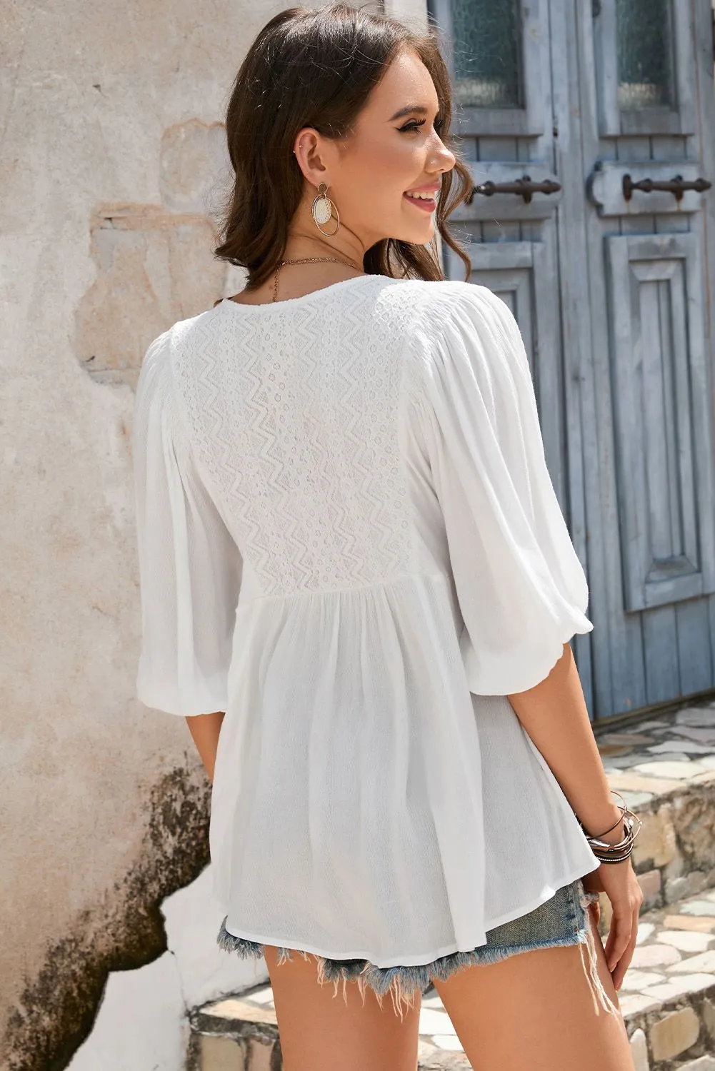 V-Neck Bracelet Sleeve Ruffle Blouse