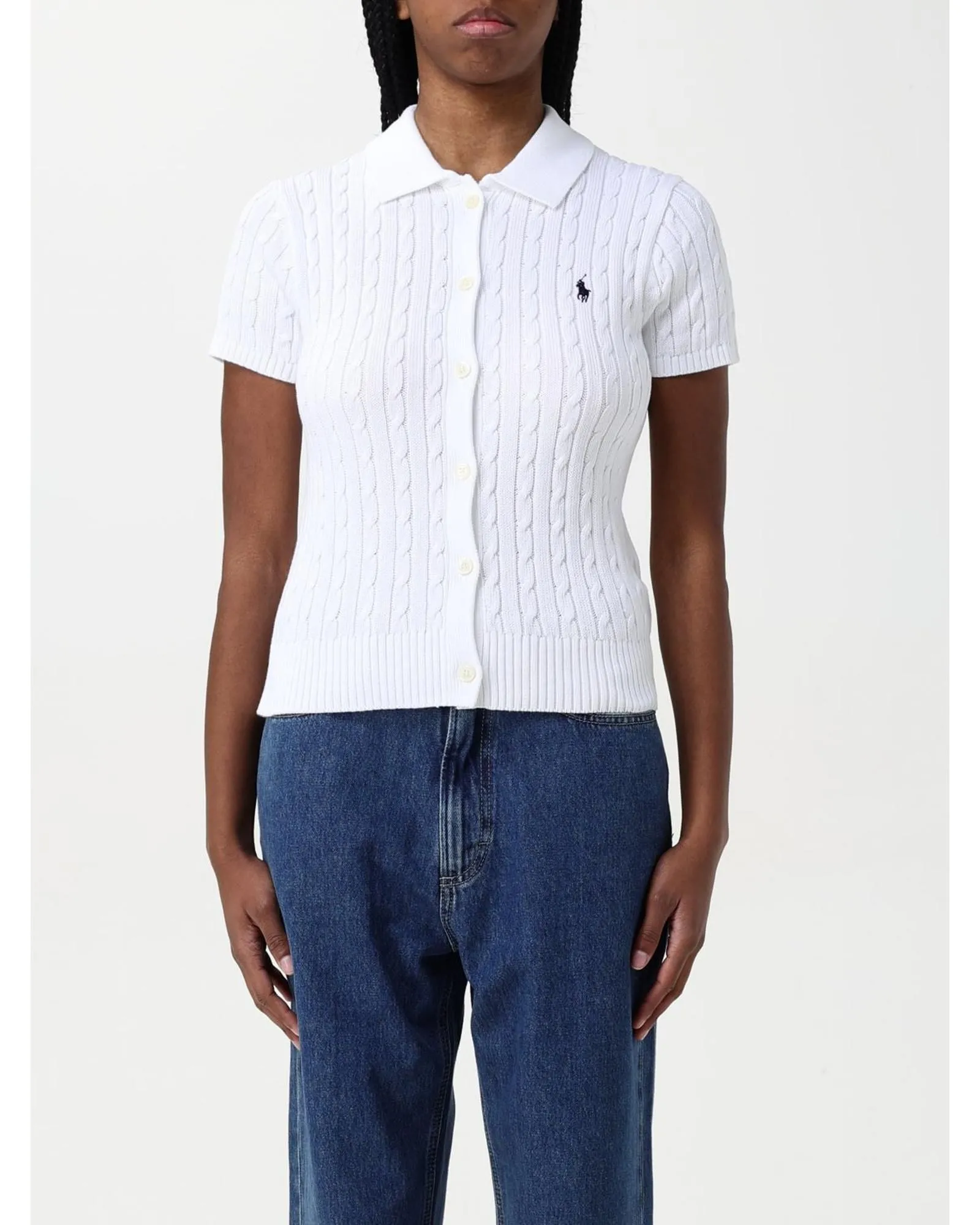 Cable Knit Short Sleeve Cardigan Wo - White