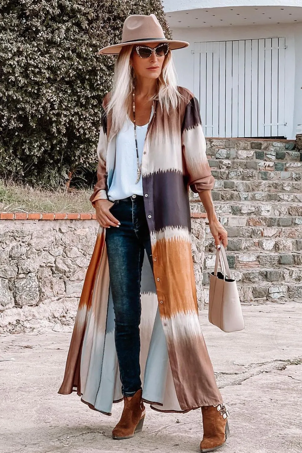 Tie Dye Colorblock Button Down Maxi Kimono