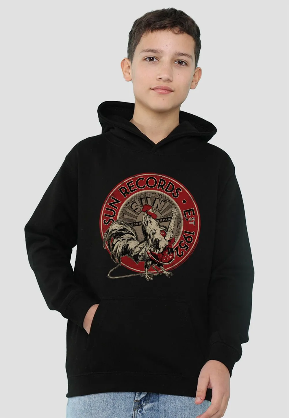 Sun Records Rooster Est 1952 Youth Kids Pull-Over Hoodie, Black