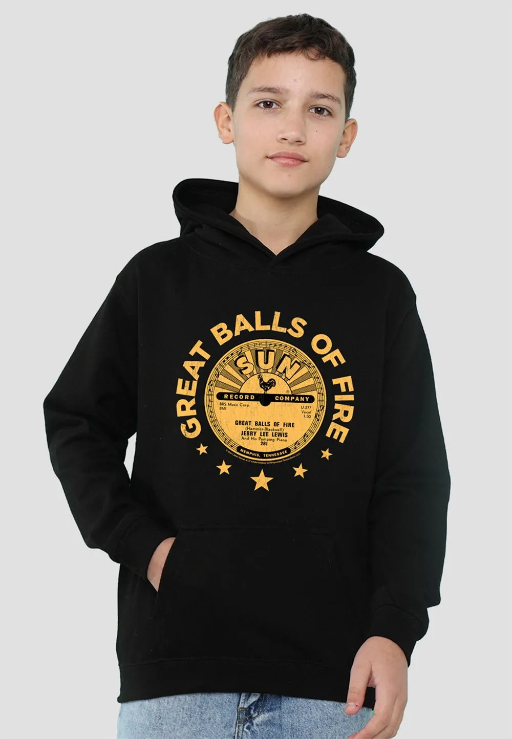 Sun Records Jerry Lee Lewis Great Balls Of Fire Youth Kids Pull-Over Hoodie, Black