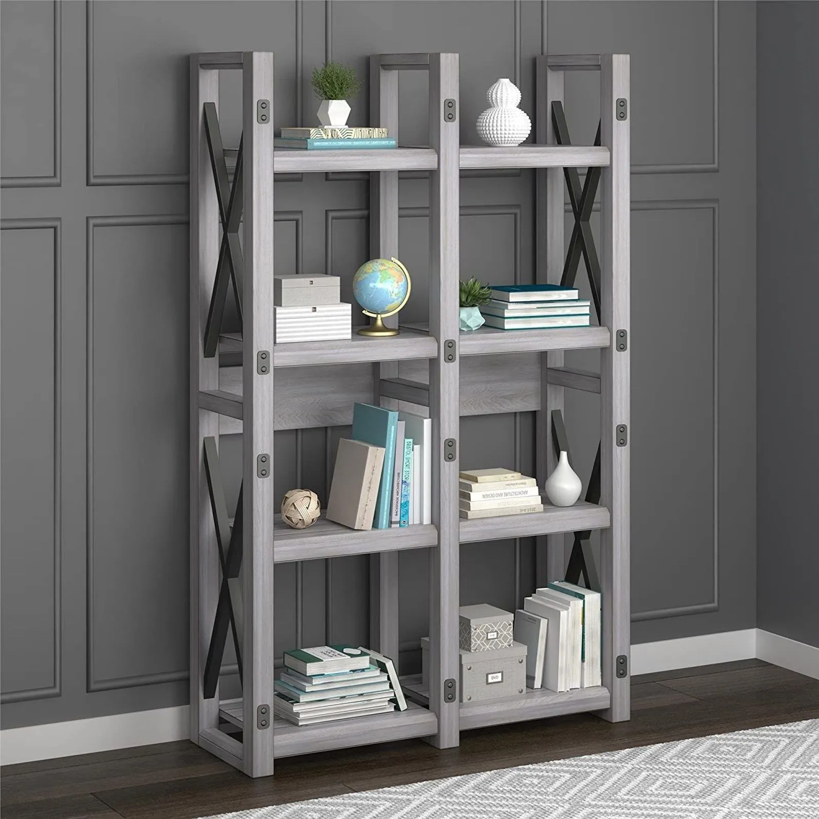 Rustic White Wildwood Wood Veneer Bookcase Shelving Rack