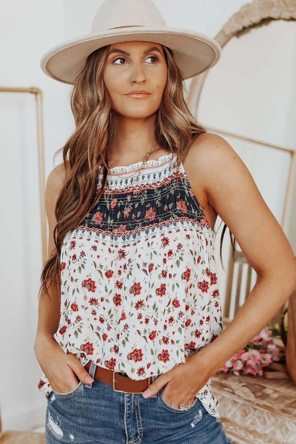 Boho Floral Print Halter Tank Top