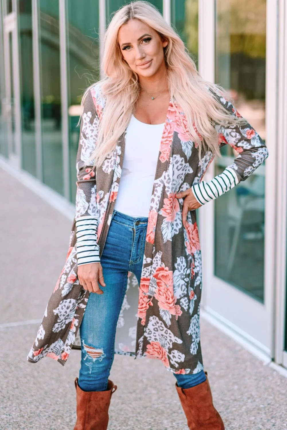 Floral Print Long Cardigan with Striped Cuffs