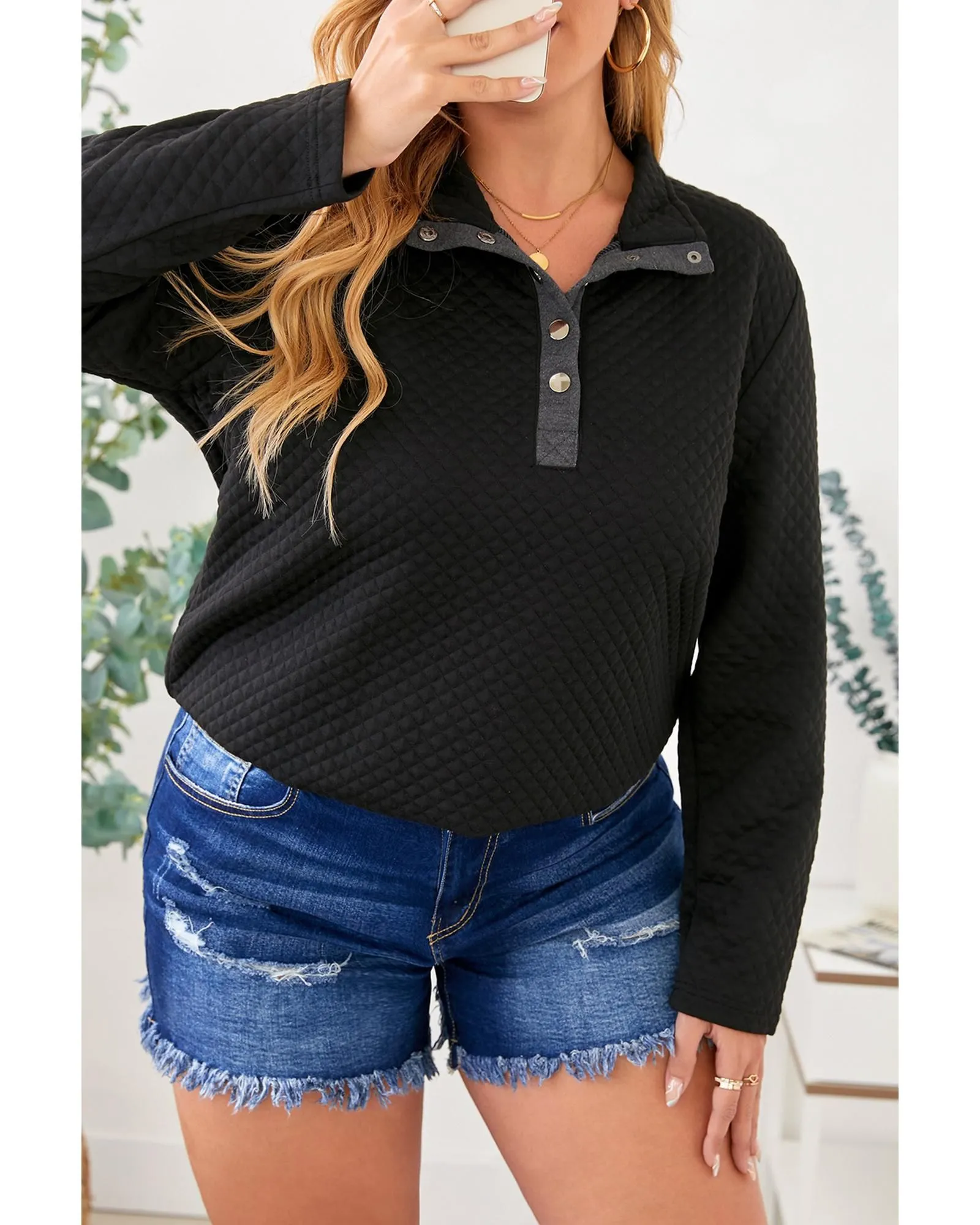 Quilted Button Up Henley Sweatshirt