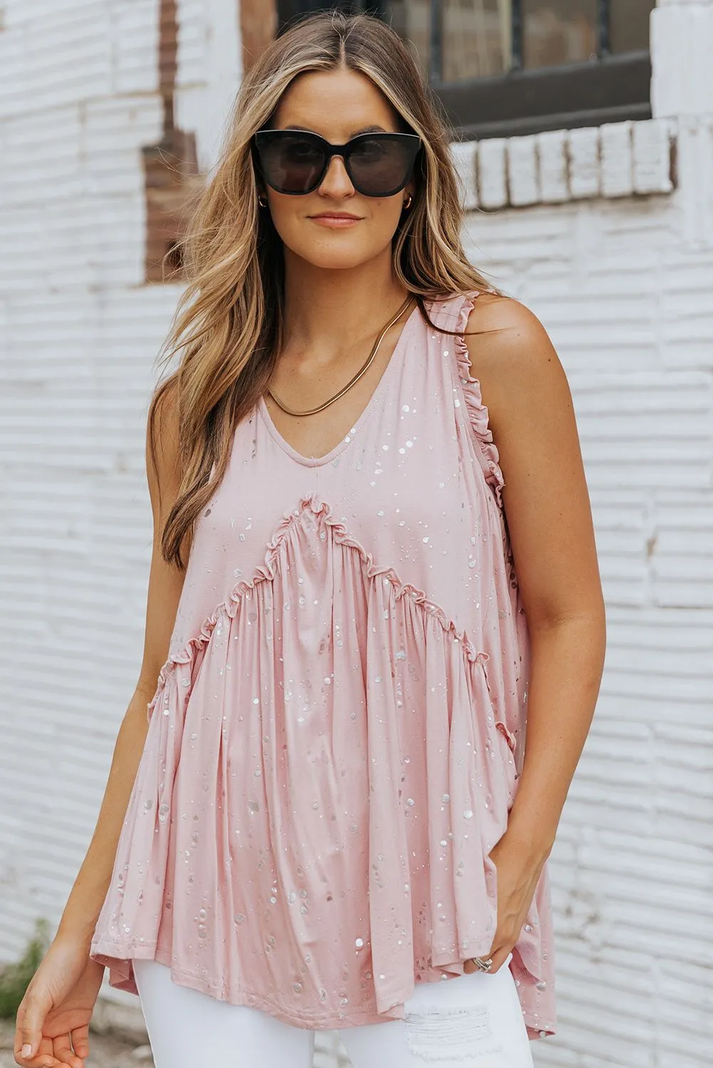 Foil Splatter Drops Ruffled Tank
