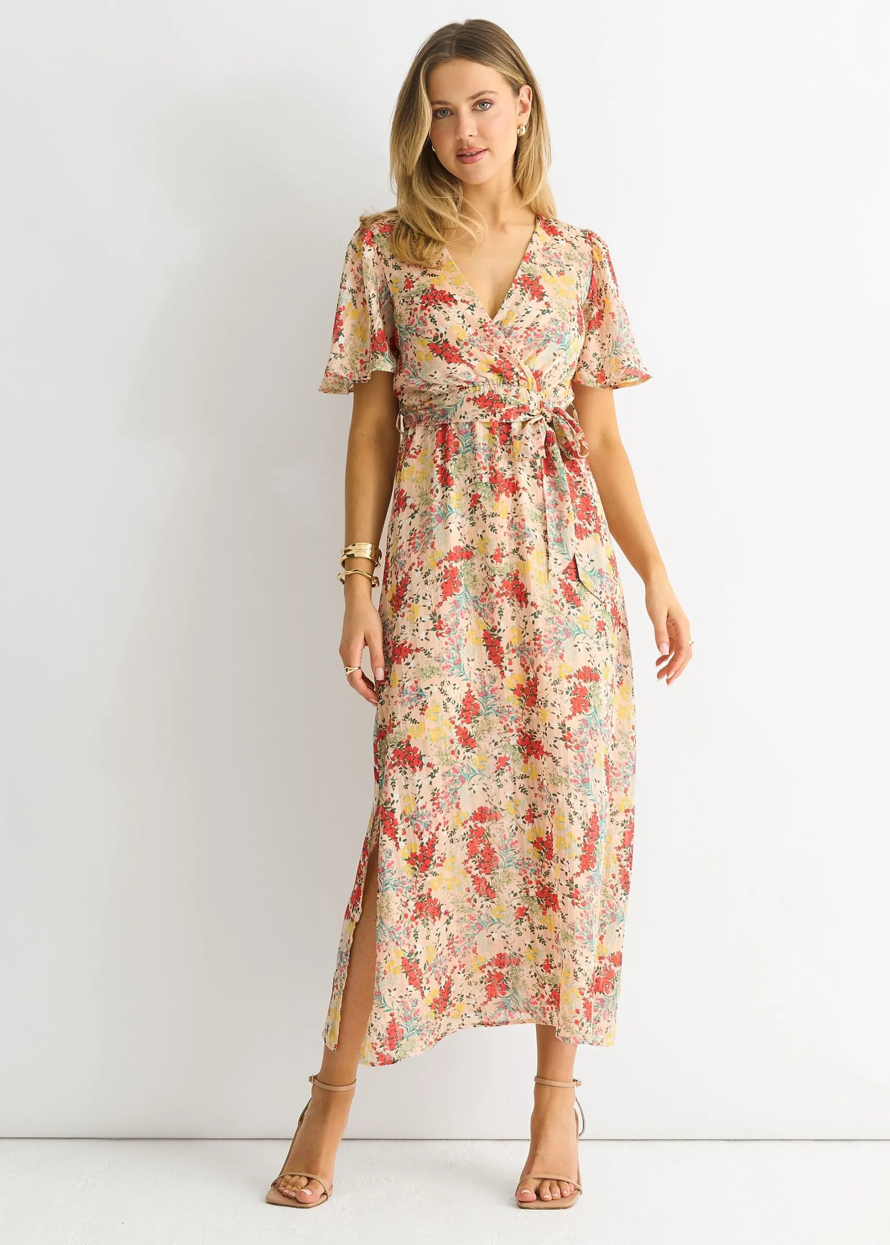 Multi Floral Jacquard Chiffon Midi Dress