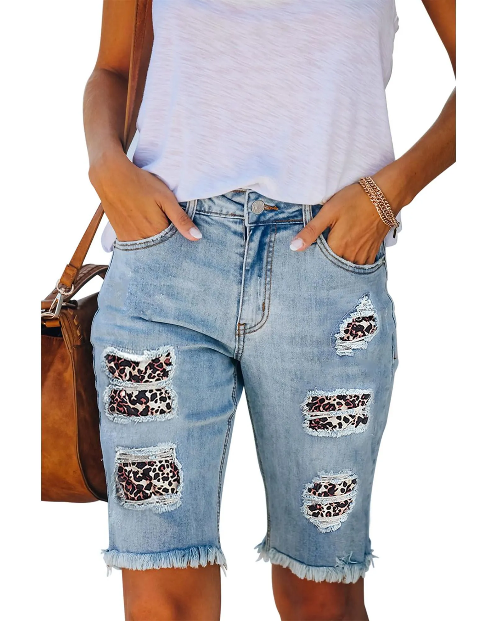 Ripped Leopard Denim Bermuda Shorts