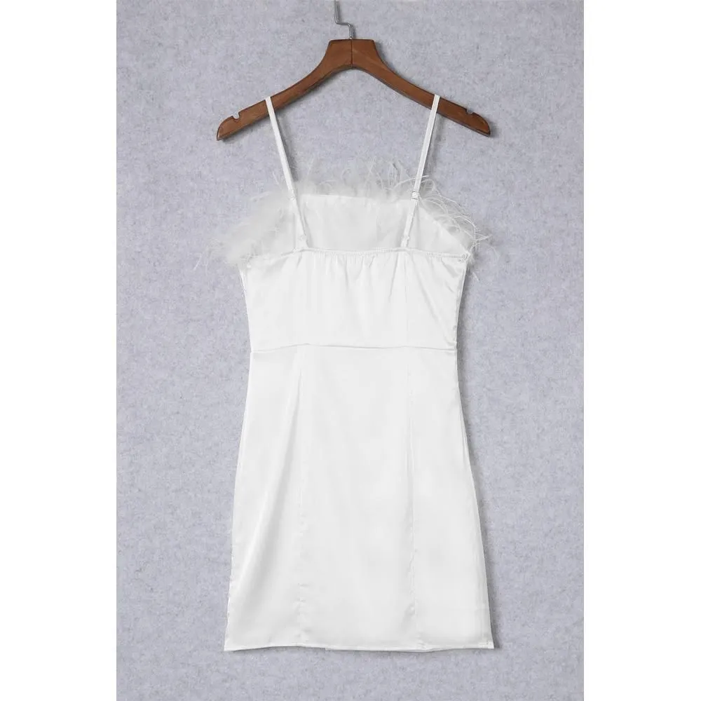 Feather Trim Strapless Mini Dress