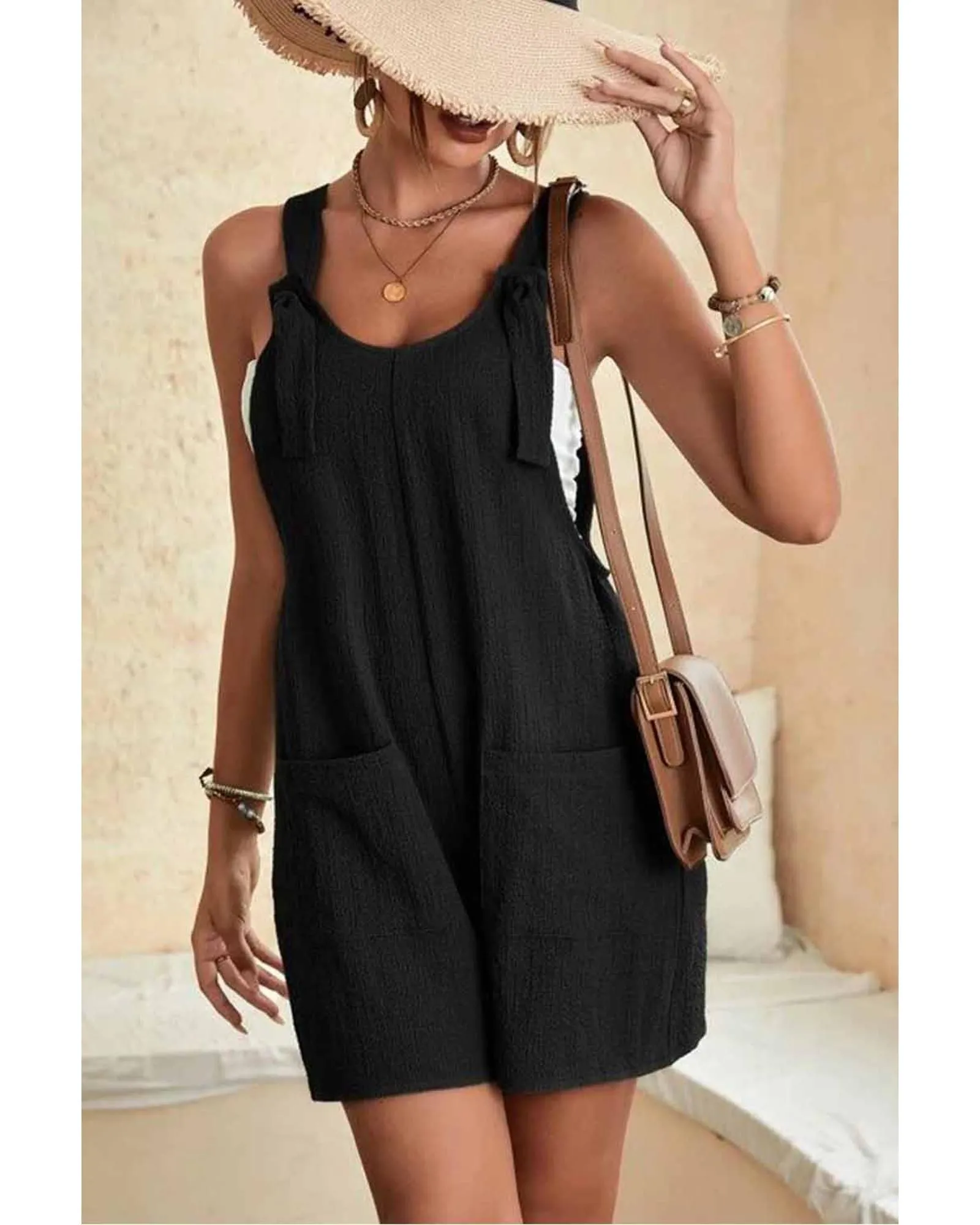 Black Adjustable Straps Pocketed Textured Romper Jumpsuits & Rompers