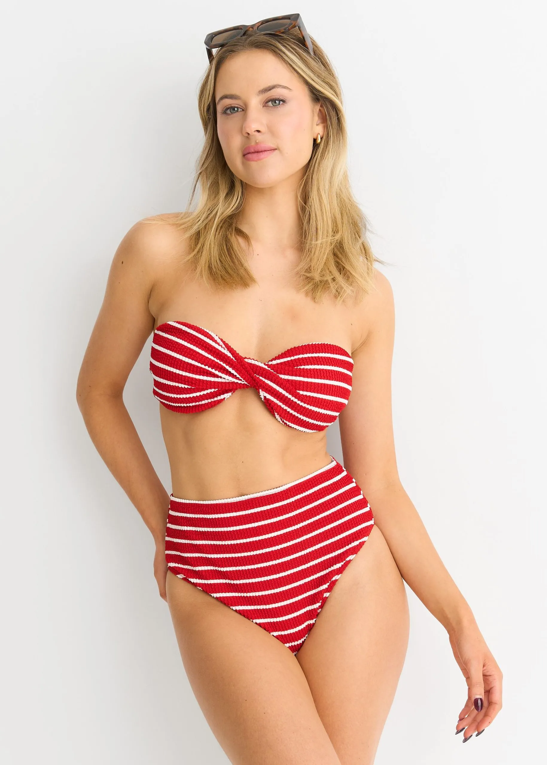 Red Textured Twist Front Stripe Bikini Top