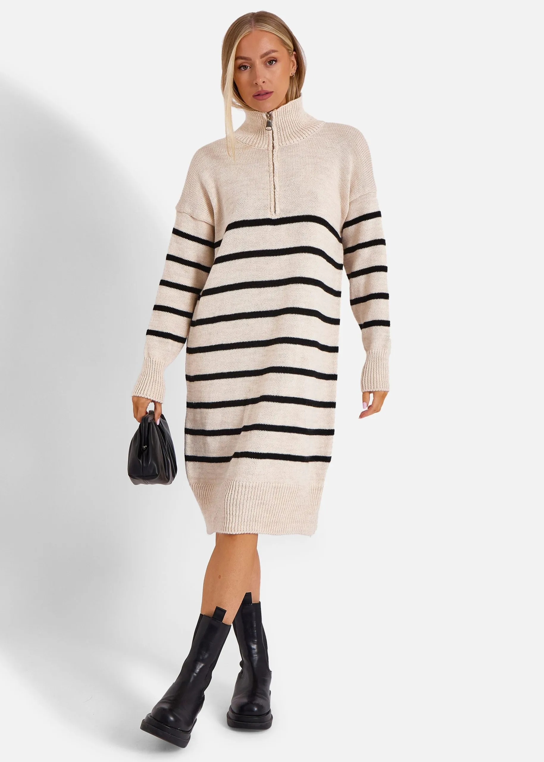 Beige Stripe Zip Up Neck Knit Dress