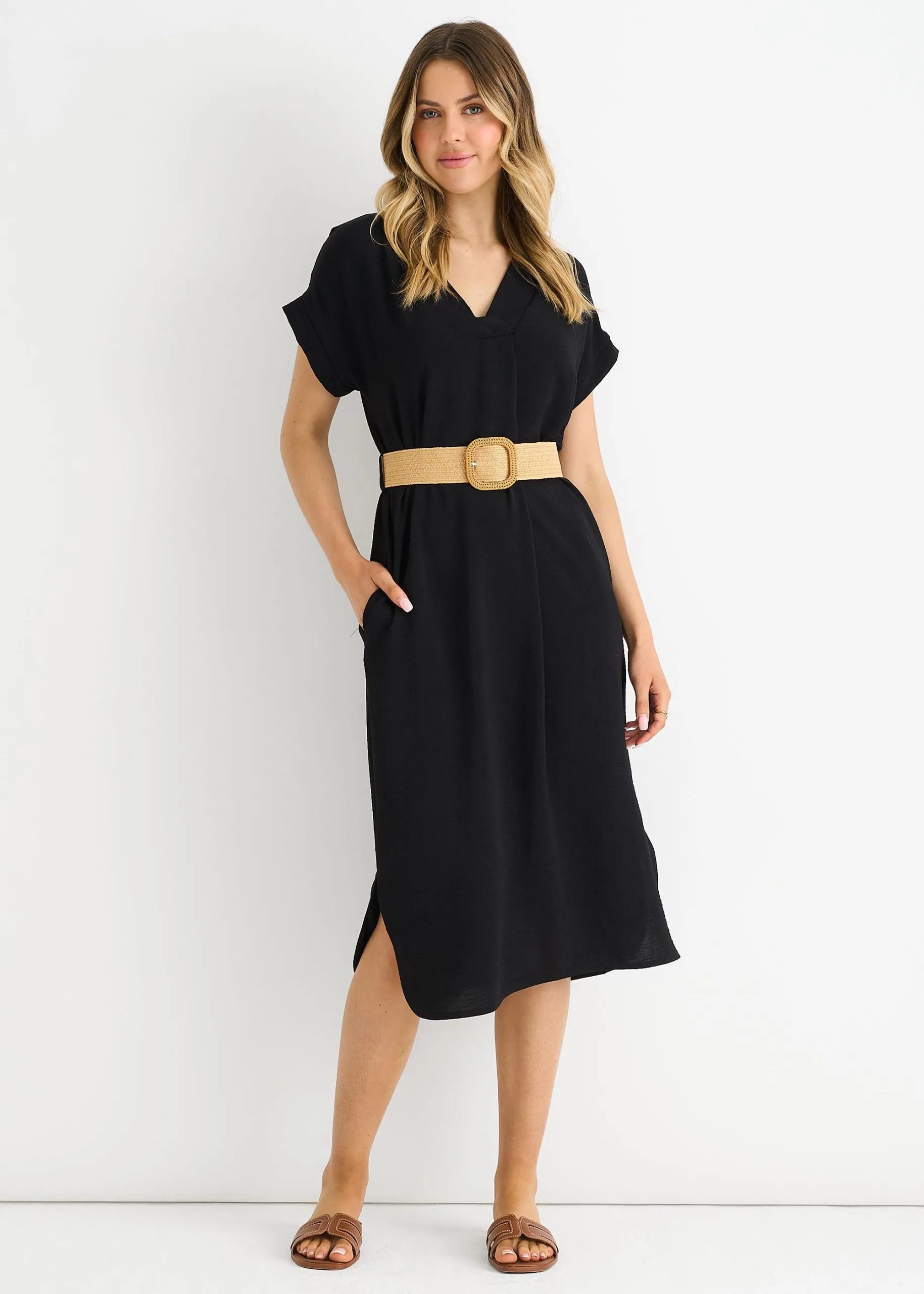Black Air Flow Belted Oversized Dress