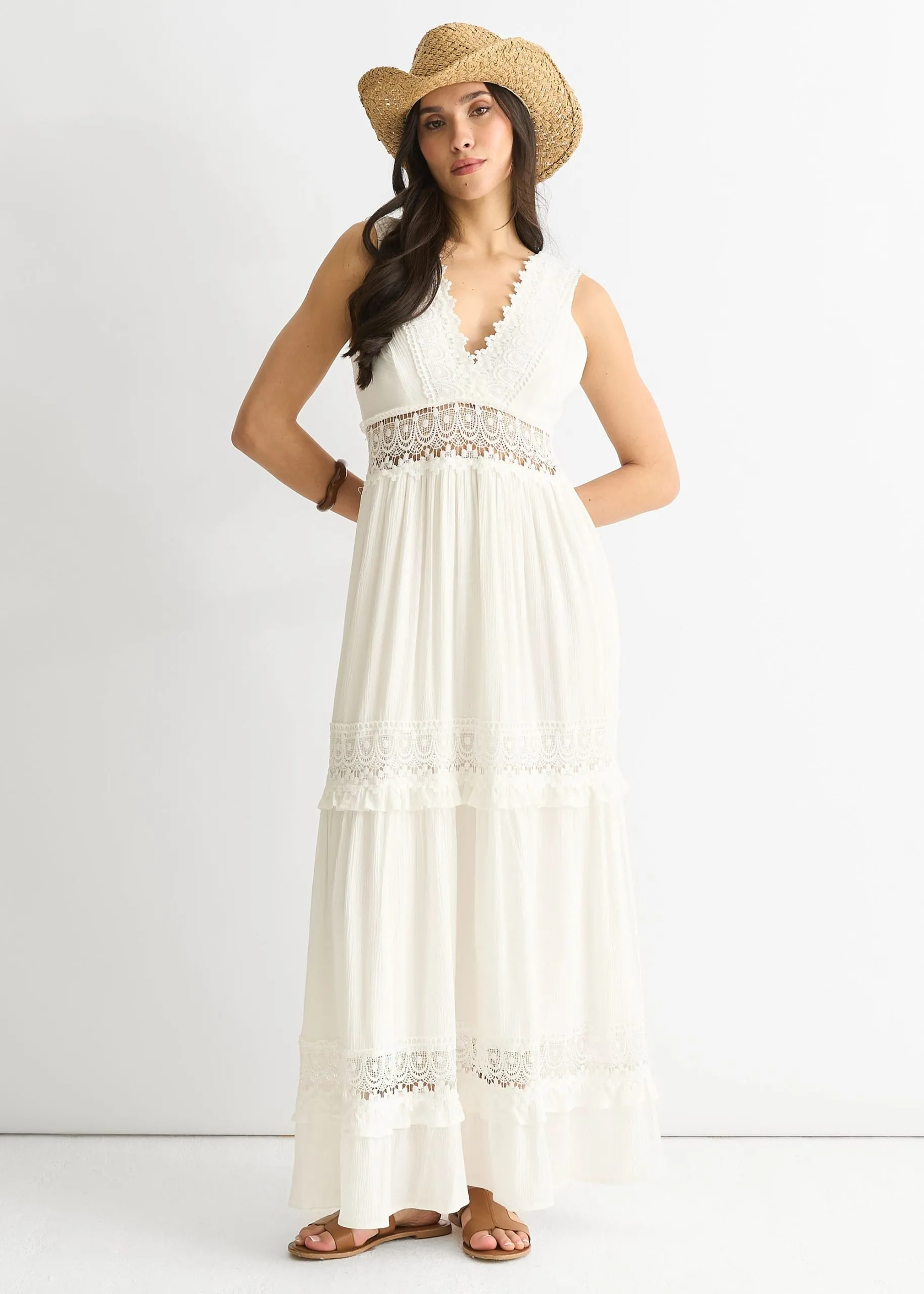 White Lace Trim Viscose Maxi Dress