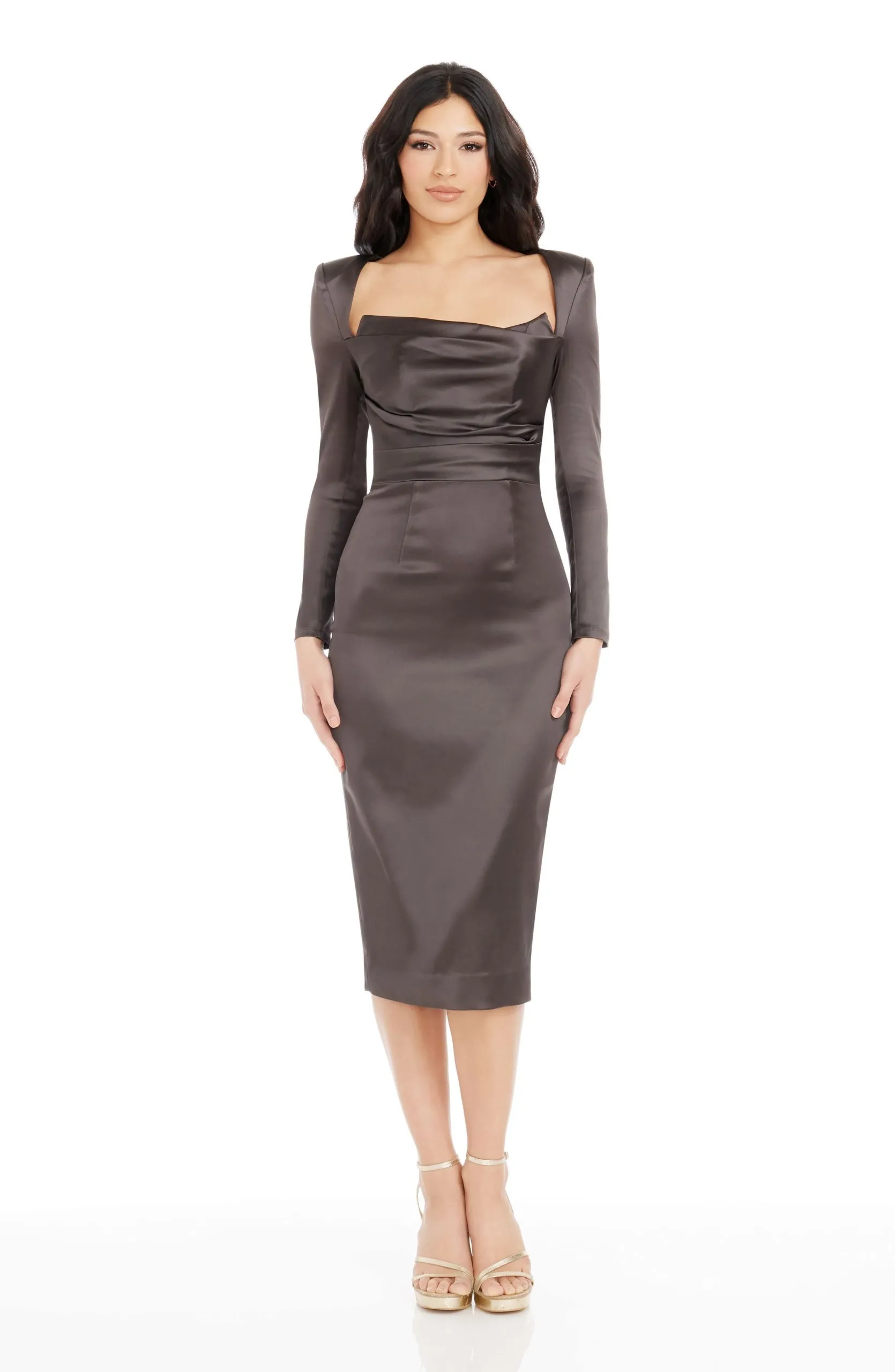 Pamela Pleated Bodice Bodycon Midi Dress Plain