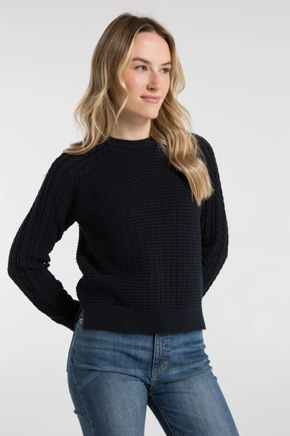 Cotton Popcorn-Style Cable Knit Crew Neck Jumper