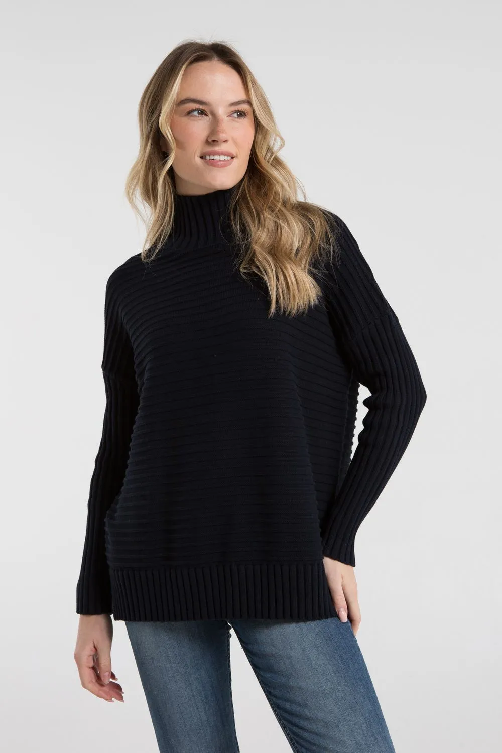 Cotton Ribbed Knit High Neck Jumper