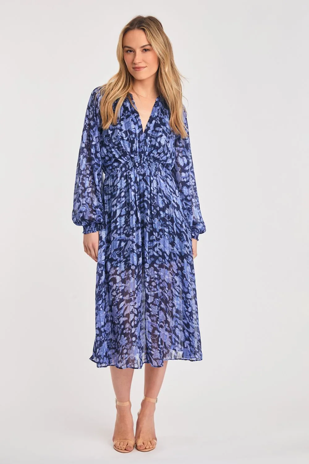 Long Sleeve Shirred Floral Midi Dress