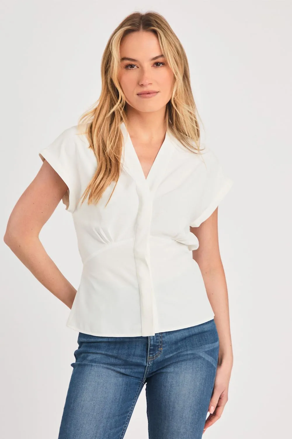 V-Neck Button Up Short Sleeve Crepe Blouse