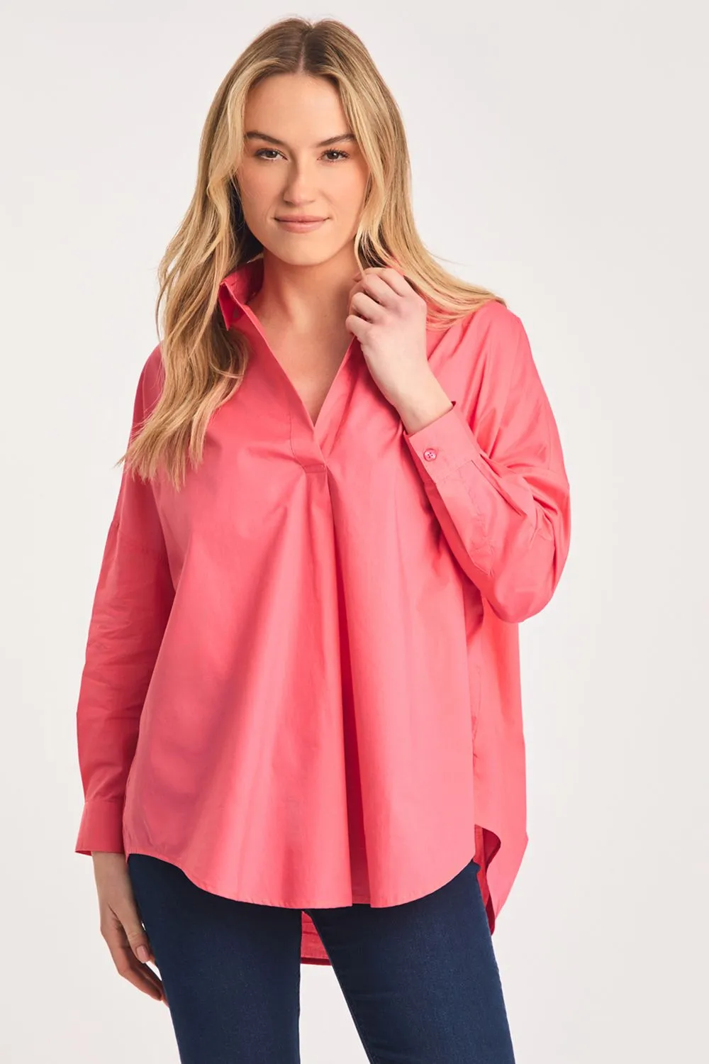 Cotton Long Sleeve Poplin Popover High-Low Hem Shirt