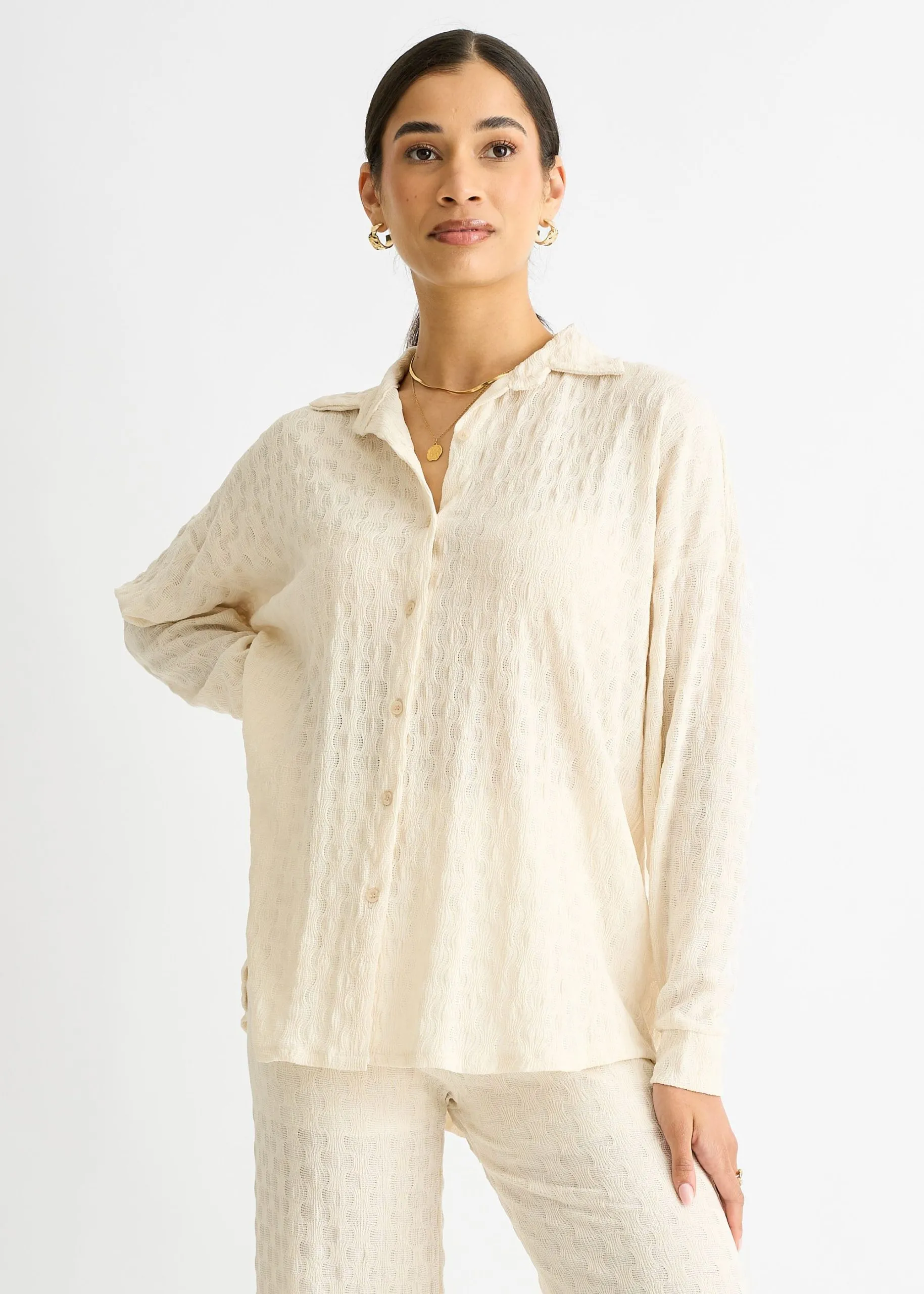 Beige Textured Oversized Long Sleeves Shirt