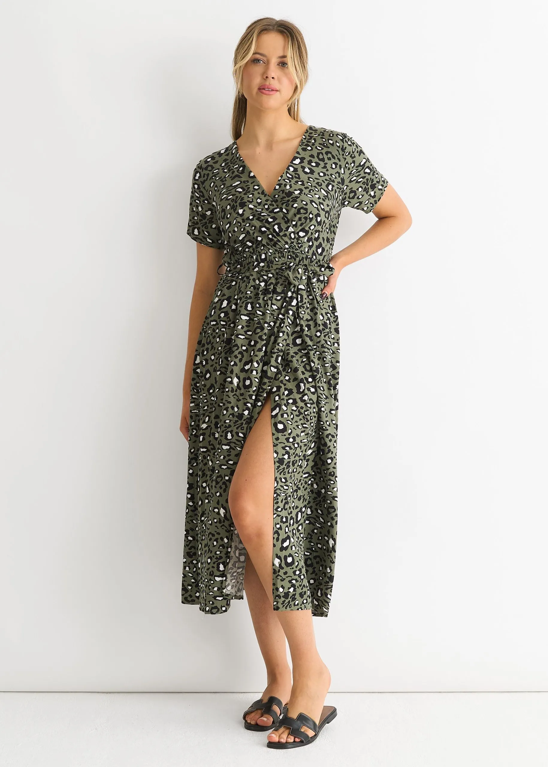 Short Sleeve Animal Print Wrap Front Midi Dress